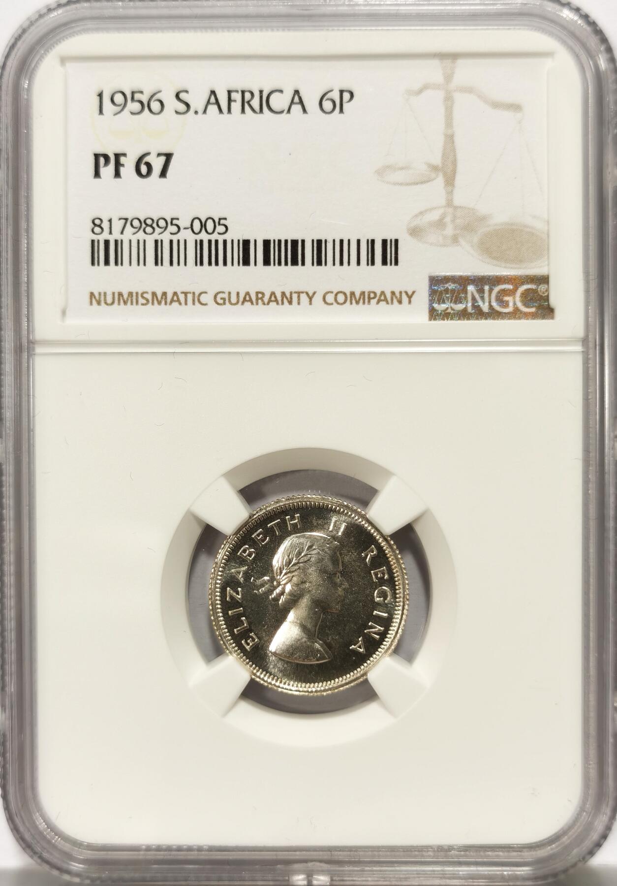 博洋堂世界钱币拍卖第104期（全场包邮） NGC PF67 英属南非1956年伊丽莎白二世6便士令银币 帝王花 极高分