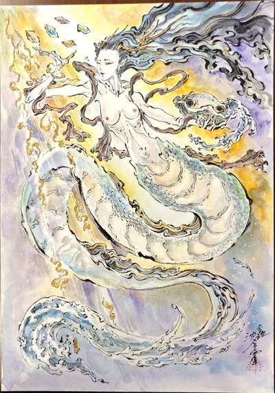 白泽拍卖卡牌手绘专场第10期（精品大拍） - 2024 沈鑫手绘画 女娲补天 尺寸 21cm*29.5cm 背面沈鑫题字