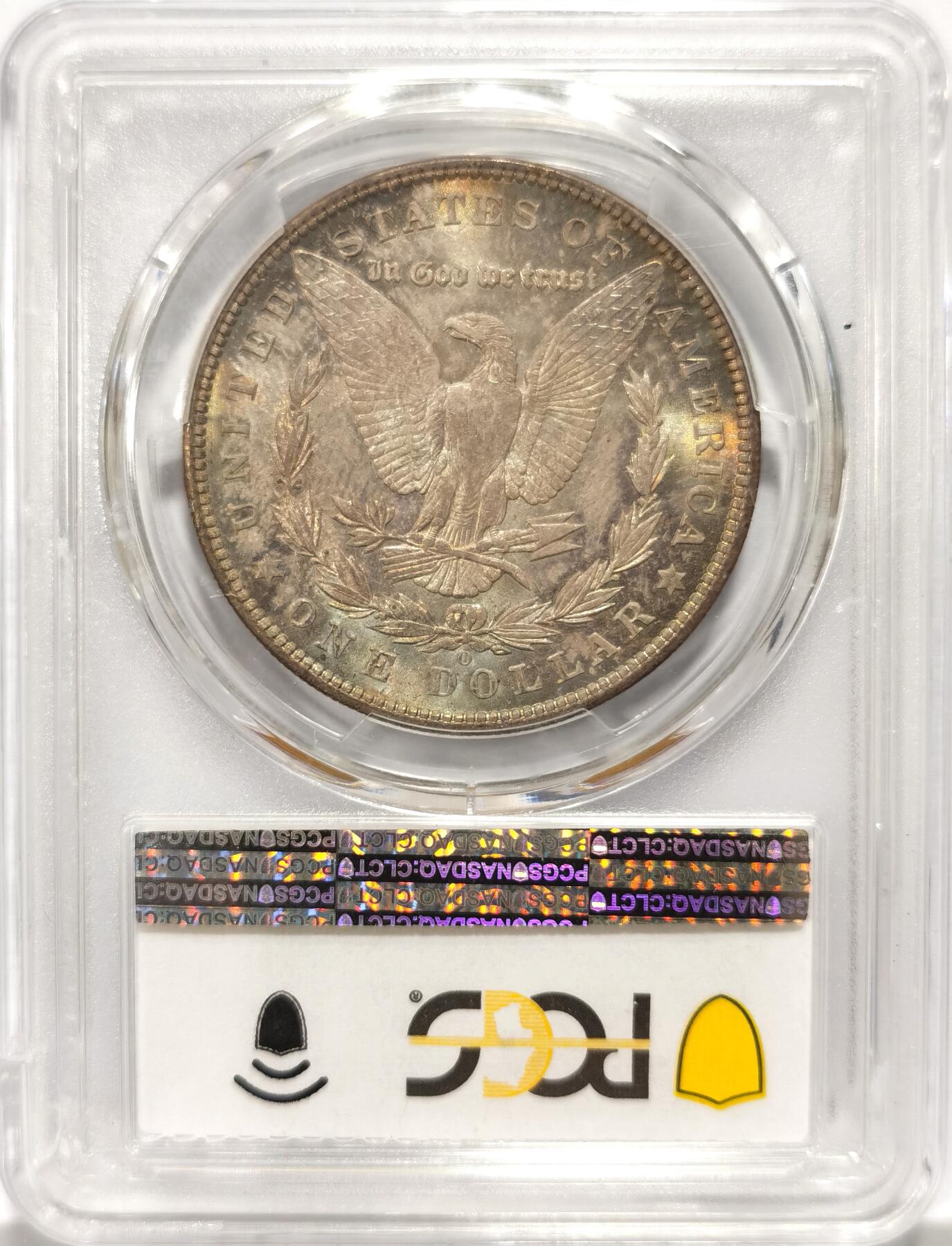 博洋堂世界钱币拍卖第104期（全场包邮） PCGS MS64 美国1904年O版摩根$1银币 双面渐变五彩包浆 光面底板 外壳在运输途中磕裂 未影响密封 瑕不掩瑜