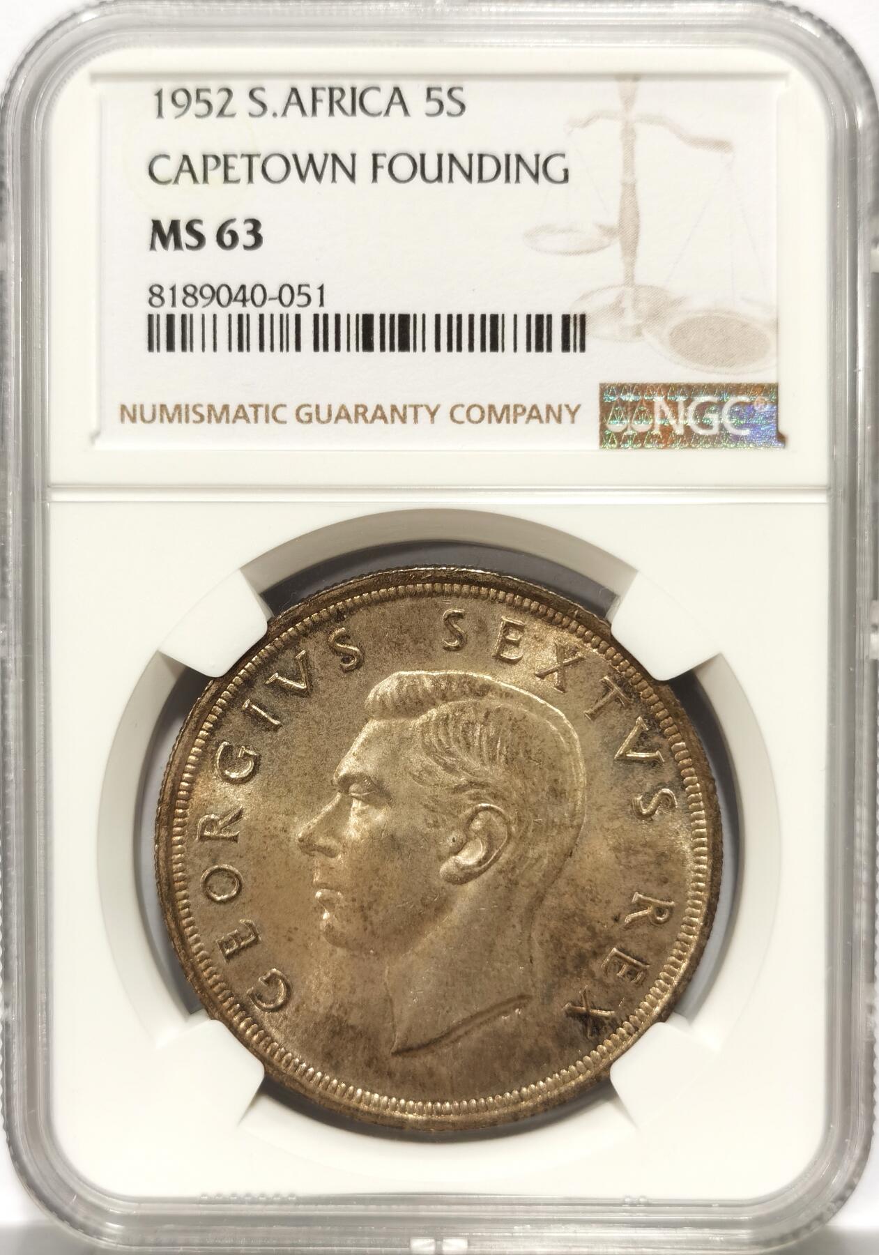 博洋堂世界钱币拍卖第104期（全场包邮） NGC MS63 英属南非1952年乔治六世5先令银币克朗 发现开普敦300周年纪念 流通版未使用品相少见 黄油彩