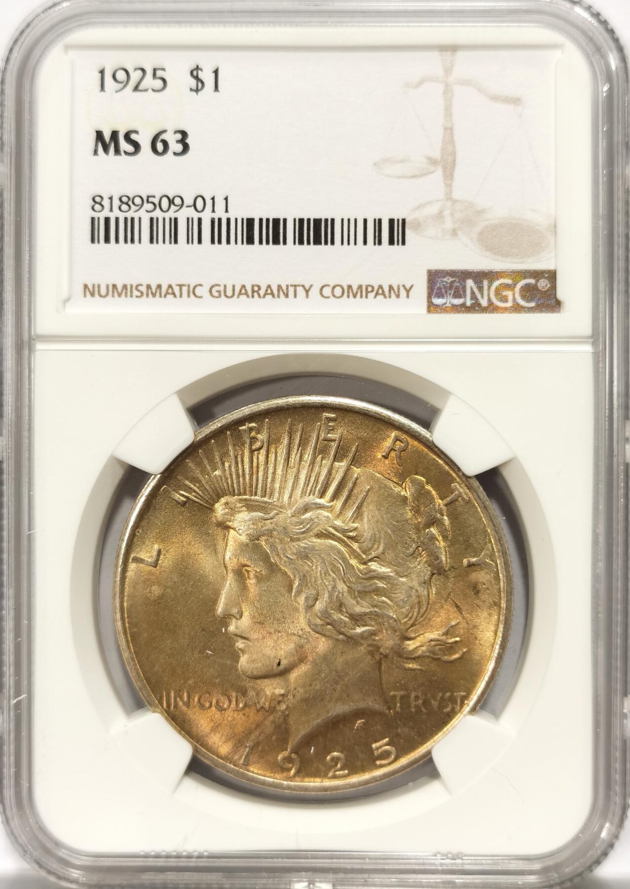 博洋堂世界钱币拍卖第104期（全场包邮） NGC MS63 美国1925年和平鸽1元银币