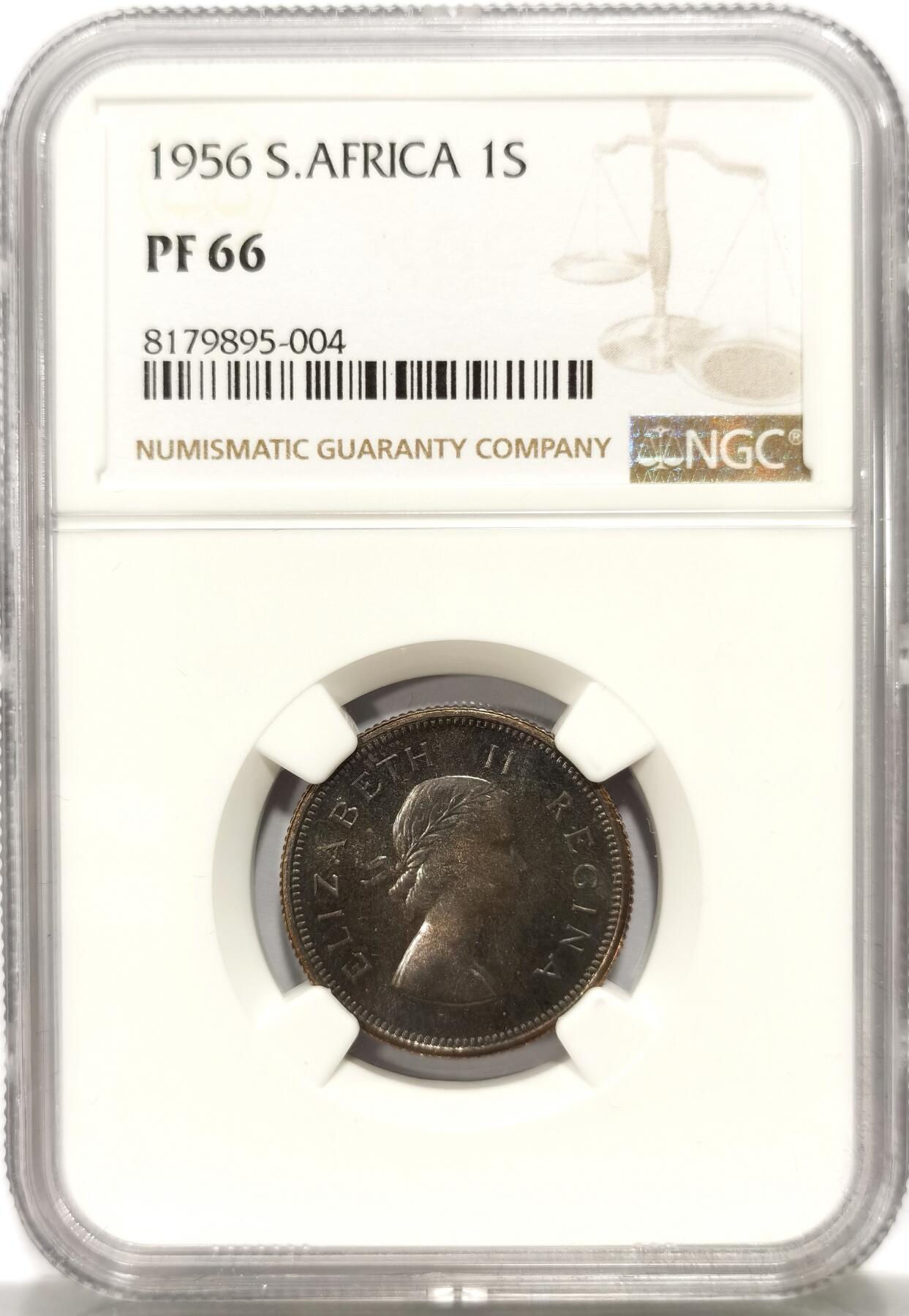 博洋堂世界钱币拍卖第104期（全场包邮） NGC PF66 英属南非1956年伊丽莎白二世1先令银币 绒布黑五彩 包浆极美 船锚 高分