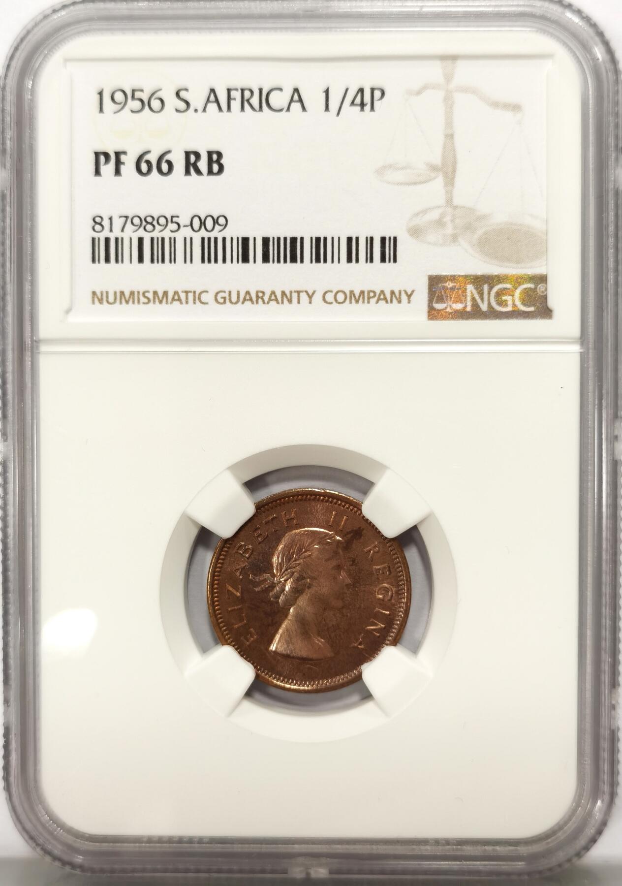 博洋堂世界钱币拍卖第104期（全场包邮） NGC PF66RB 英属南非1956年伊丽莎白二世1/4便士铜币 高分满铜光