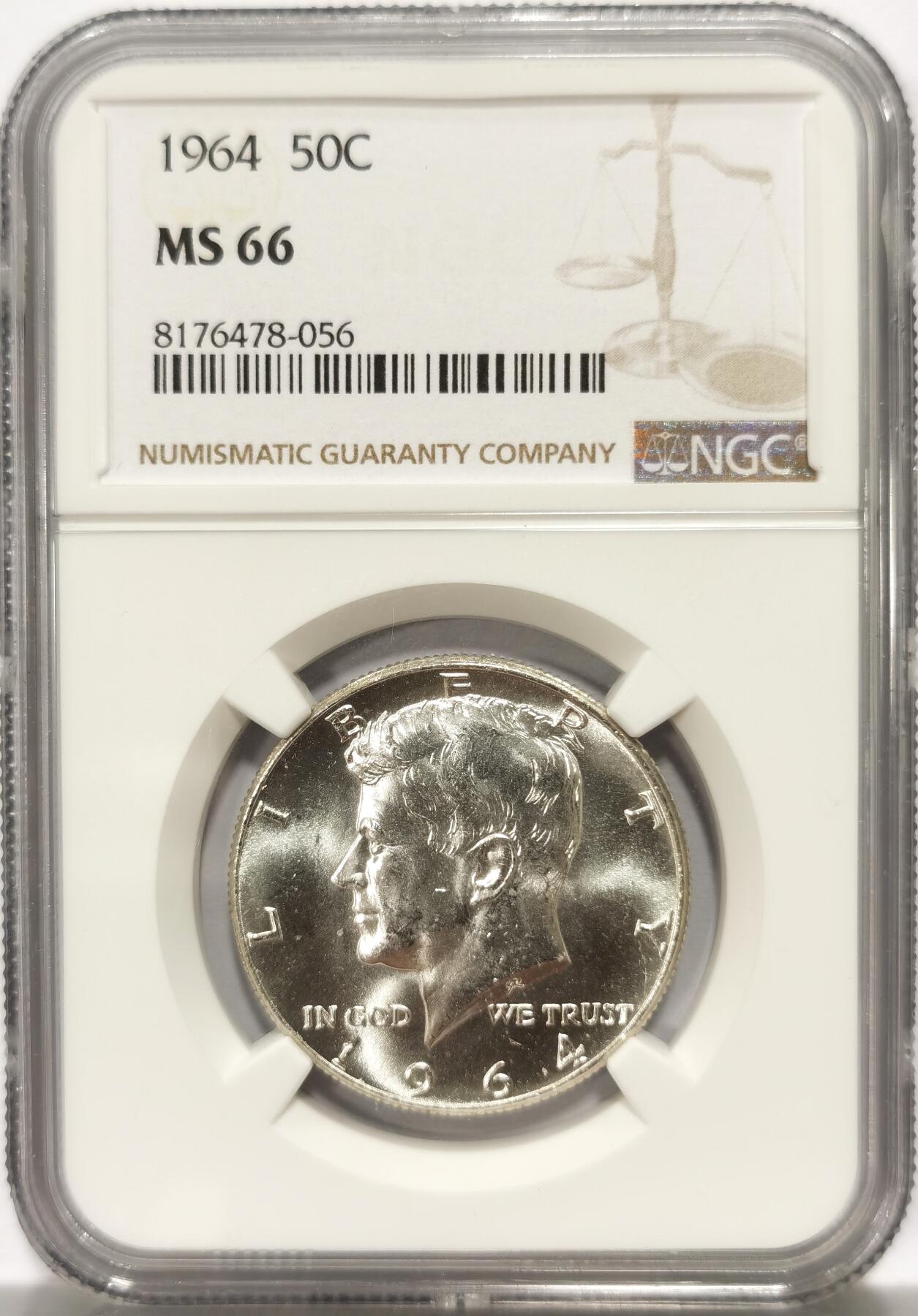 博洋堂世界钱币拍卖第104期（全场包邮） NGC MS66 美国1964年肯尼迪50美分银币，少见高分