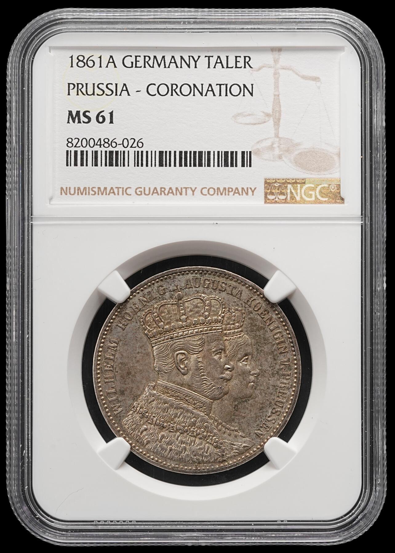 修遠堂世界钱币第五十一期 全场包邮 NGC MS61 1861年普鲁士威廉一世登基纪念1泰勒银币