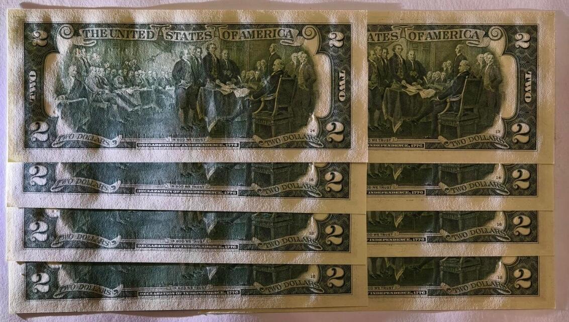 紫瑗钱币——第495期——纸币场 【双尾7】美国 托马斯.杰斐逊 2美元 UNC 8张一组 刀拆货