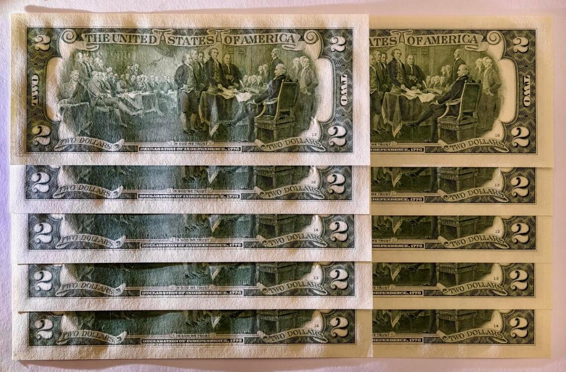 紫瑗钱币——第479期——纸币场 【双尾4】美国 托马斯.杰斐逊 2美元 UNC 10张一组 刀拆货