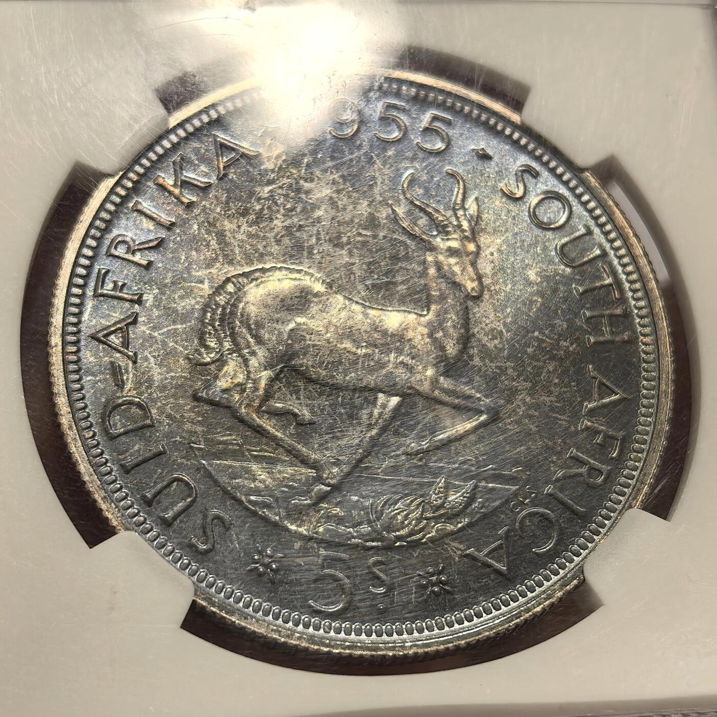 博洋堂世界钱币拍卖第104期（全场包邮） NGC PF66 英属南非1955年伊丽莎白二世5先令银币克朗 跳羚羊 极美高分紫罗兰包浆