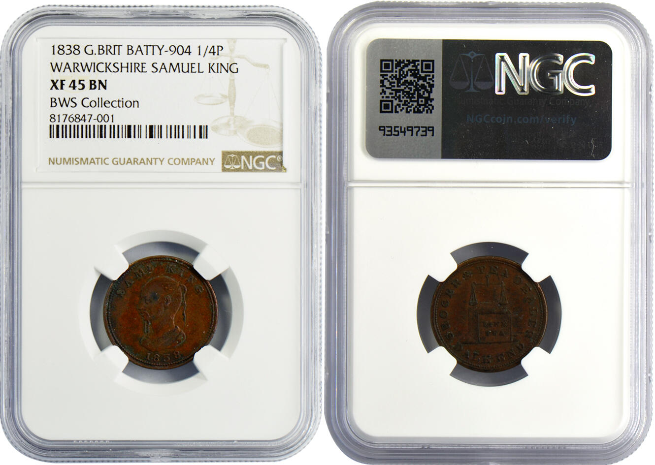 冠军2024年12月上海拍卖 1838年大不列颠1/4磅铜币，BATTY-904，Warwickshire Samuel King，NGC XF 45 BN，BWS收藏