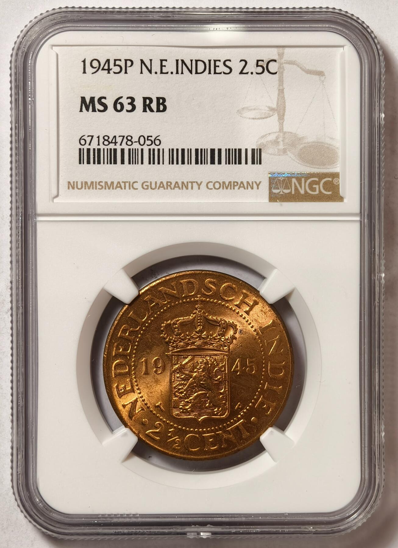 紫瑗钱币——第480期 荷属东印度 1945年 P版 2.5分 铜币 NGC MS63 RB