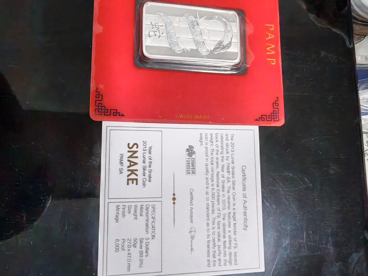 长老汇龙年精选第三十八场拍卖 2013斐济蛇年5元矩形精制银币，50克999银，瑞士PAMP封装，6000枚