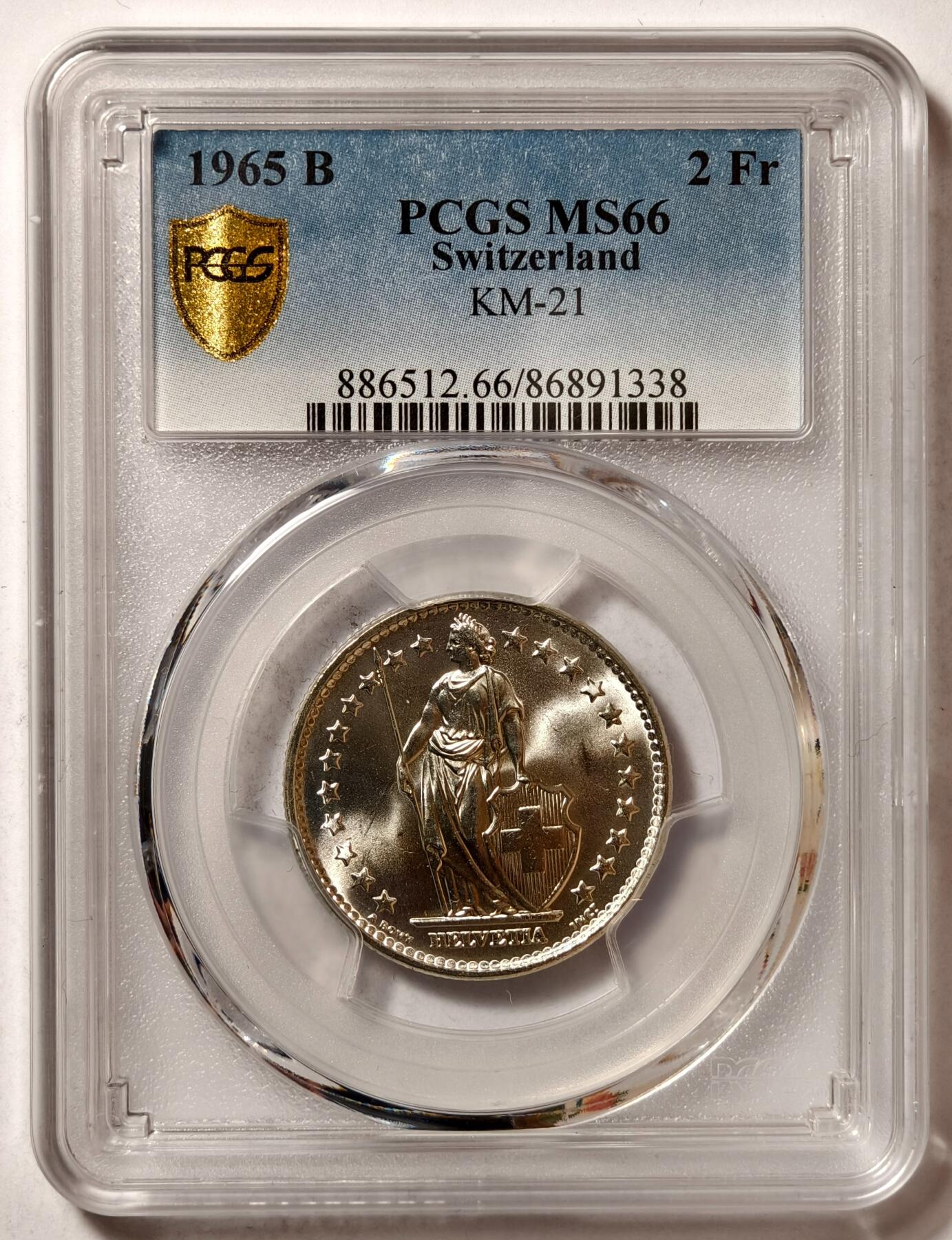 紫瑗钱币——第480期 瑞士 1965年 B版 赫尔维蒂亚 2法郎 银币 PCGS MS66