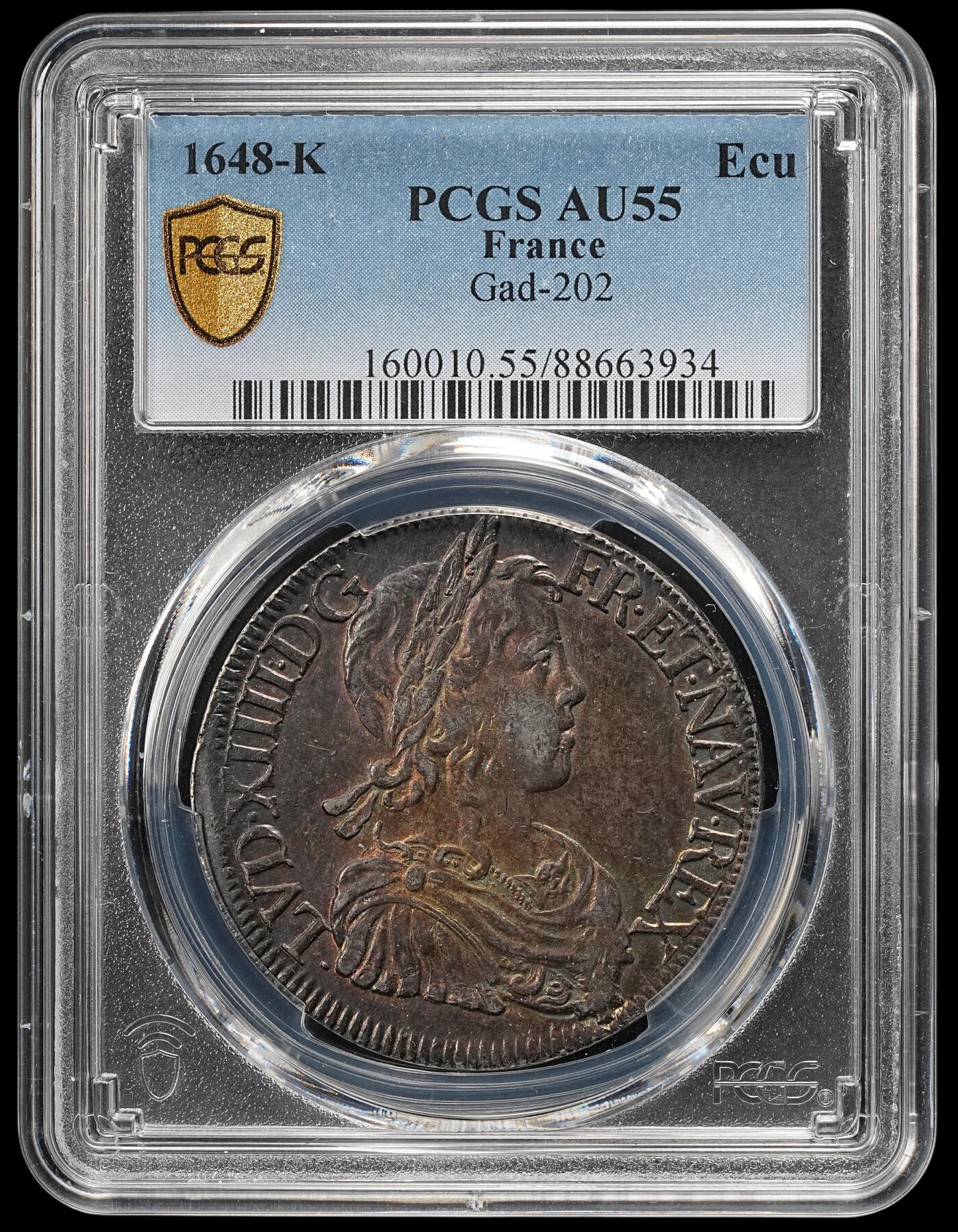 修遠堂世界钱币第五十一期 全场包邮 PCGS AU55 1648年法国1埃居大银币 K厂铭 路易十四少年头像 重酱五彩包浆