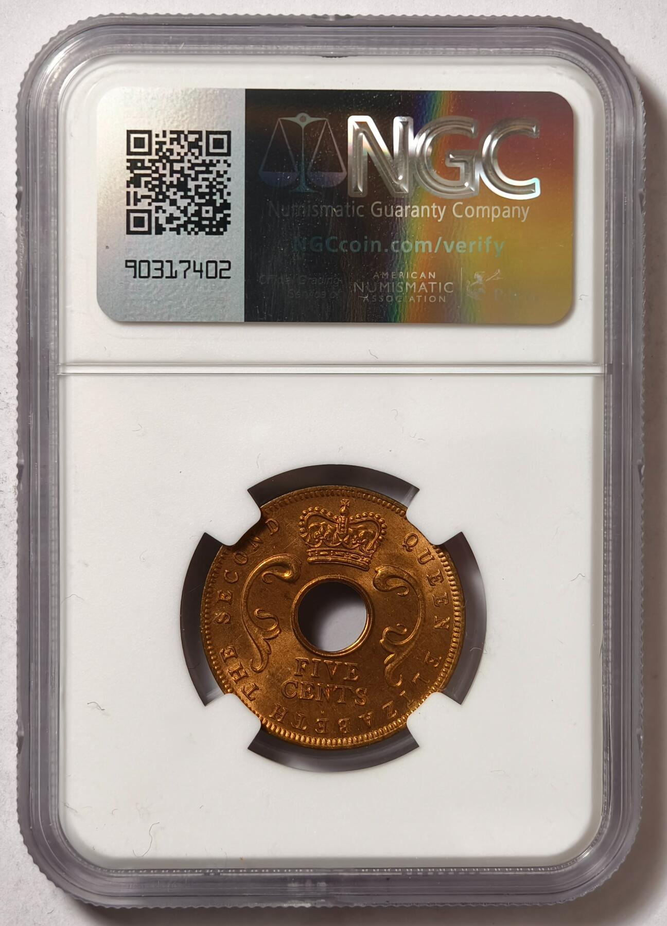 紫瑗钱币——第478期 英属东非 1956年 H版 伊丽莎白二世 5分 红铜币 NGC MS65 RB