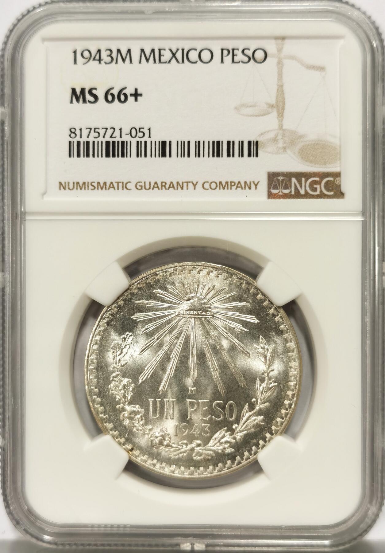 博洋堂世界钱币拍卖第104期（全场包邮） NGC MS66+ 墨西哥1943年1比索鹰洋银币，极品高分