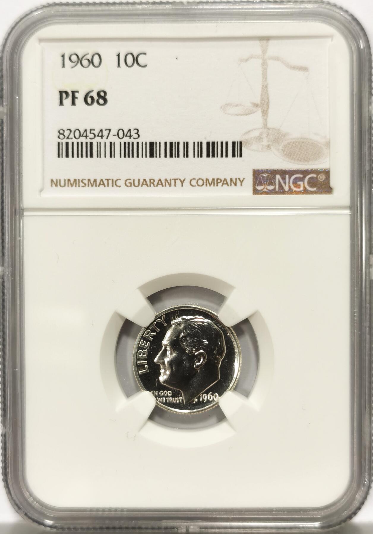 博洋堂世界钱币拍卖第104期（全场包邮） NGC PF68 美国1960年罗斯福10分银币，极致高分镜面