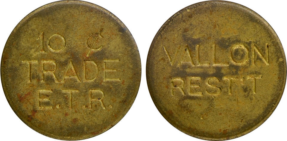 冠军2024年12月上海拍卖 民国时期上海法租界环龙路环龙西菜社（VALLON）代用币1枚，面值10分，直径约21mm，BWS收藏

环龙路（今南昌路）：1912年上海租界当局将马义浜填河修路，取名环龙路，东起重庆路、西至襄阳路，是旧上海法租界的核心区域，国民党上海执行部位于环龙路44号。
上海西菜馆：分大型西餐厅、中小型西餐馆（社）、舞厅兼营西菜西点等3类。主要西菜品种有牛排、猪排、红肠、浓汤、色拉等，以供应零星菜为主。