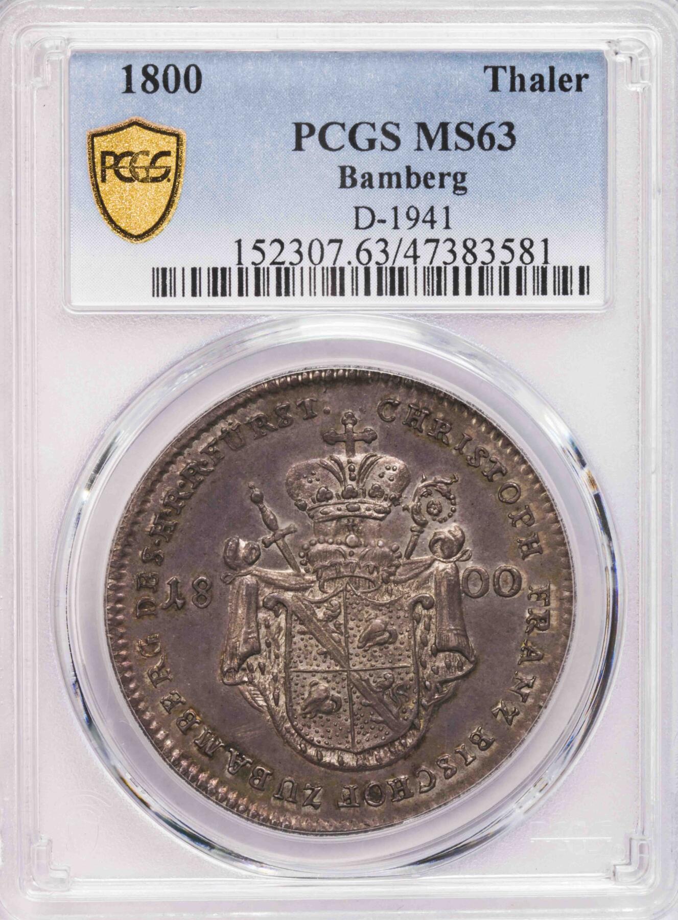 PCGS-MS63 1800德国班贝格教区景观泰勒大银币 冠军稀少