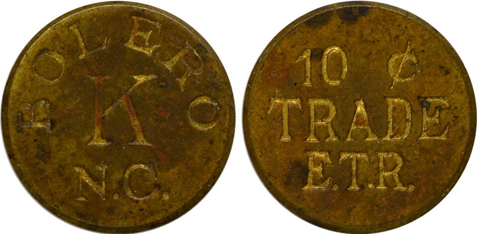 冠军2024年12月上海拍卖 民国时期上海代用币1枚，正面打制“ BOLERO K N.C.”字样，背面“10C TRADE E.T.R.”字样，此种代用币多用于咖啡馆、酒吧、俱乐部等，直径约21mm，BWS收藏