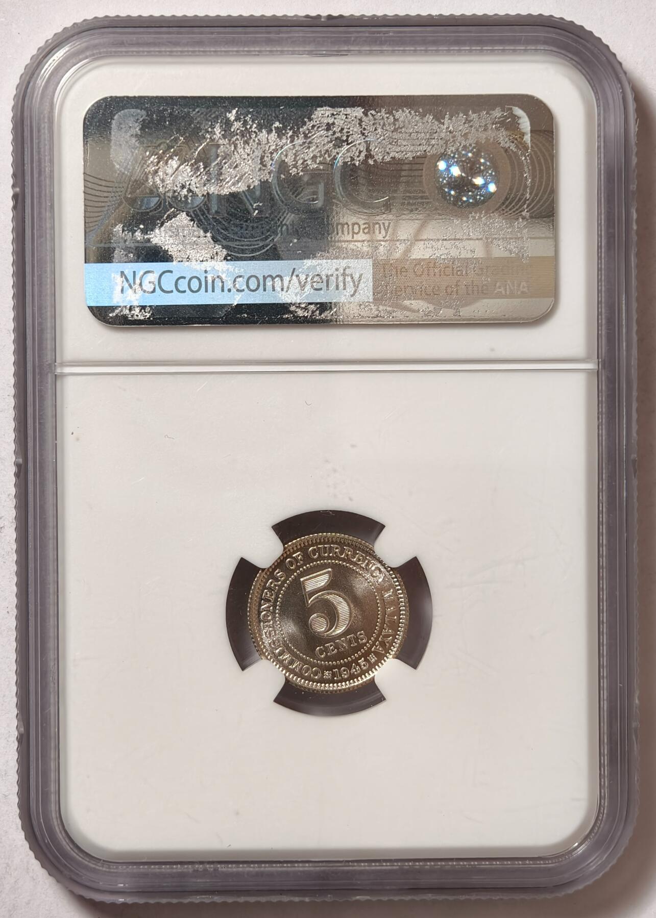 紫瑗钱币——第480期 马来亚 1945年 乔治六世 5分 银币 NGC MS64