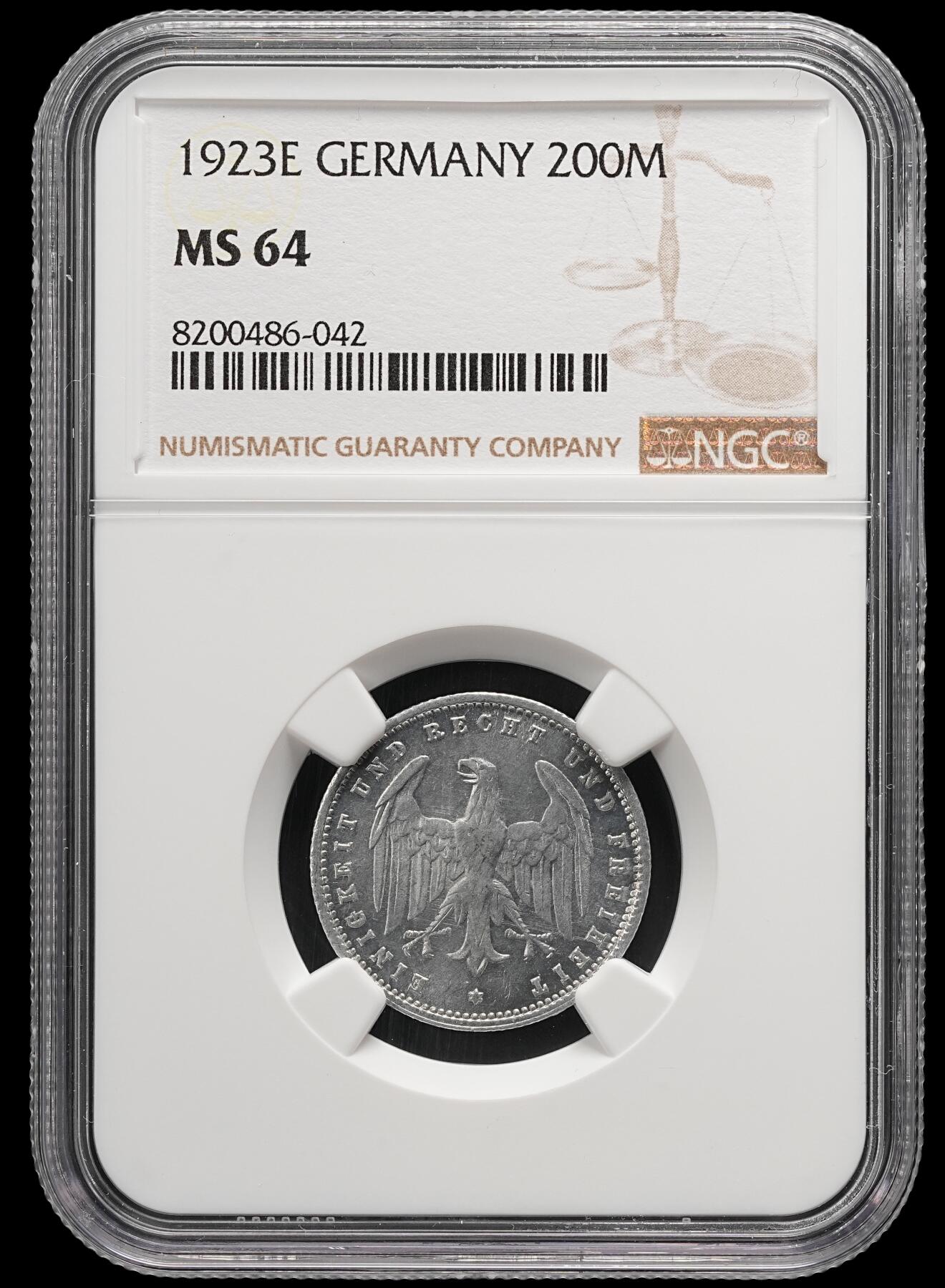 修遠堂世界钱币第五十一期 全场包邮 NGC MS64 1923年魏玛政府200马克 E厂铭 少见的厂铭