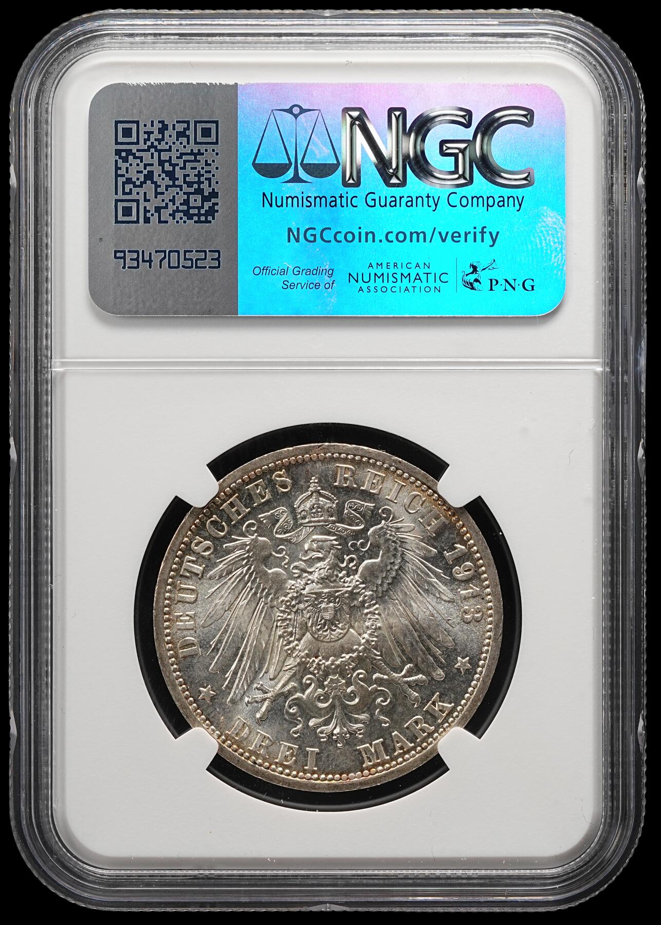 修遠堂世界钱币第五十一期 全场包邮 NGC MS63 1913年普鲁士威廉二世登基25周年纪念3马克银币