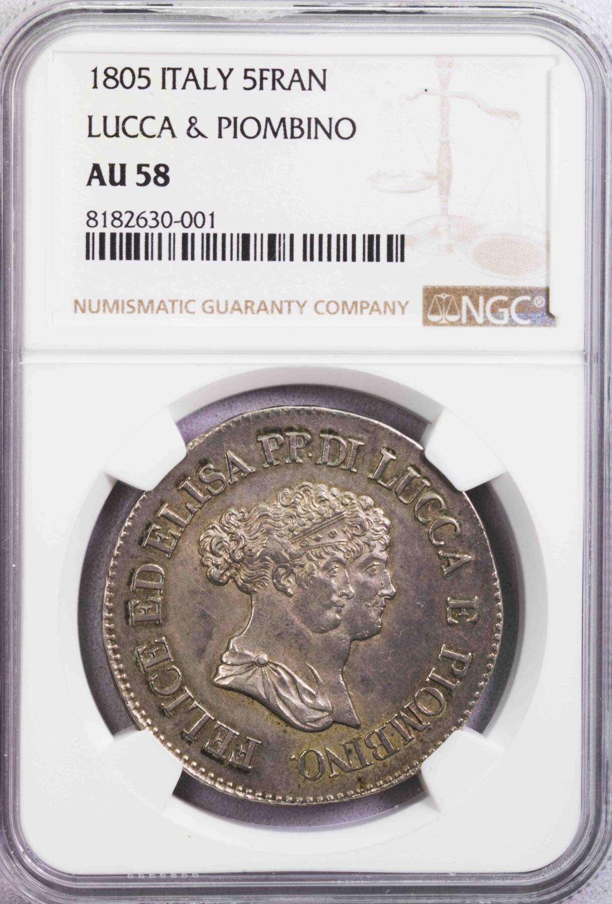 NGC-AU58 1805意大利卢卡5法郎大银币