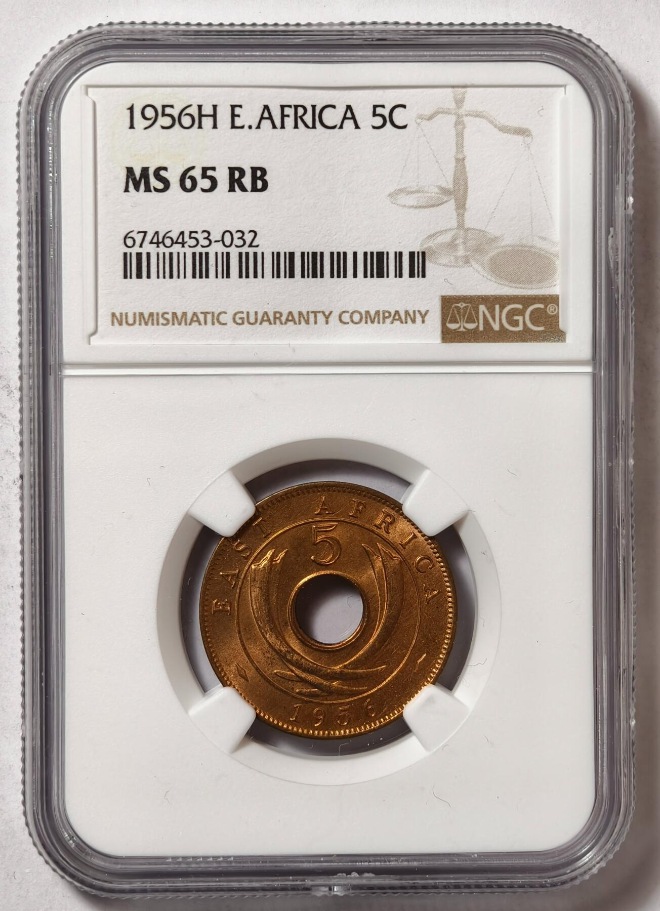紫瑗钱币——第478期 英属东非 1956年 H版 伊丽莎白二世 5分 红铜币 NGC MS65 RB