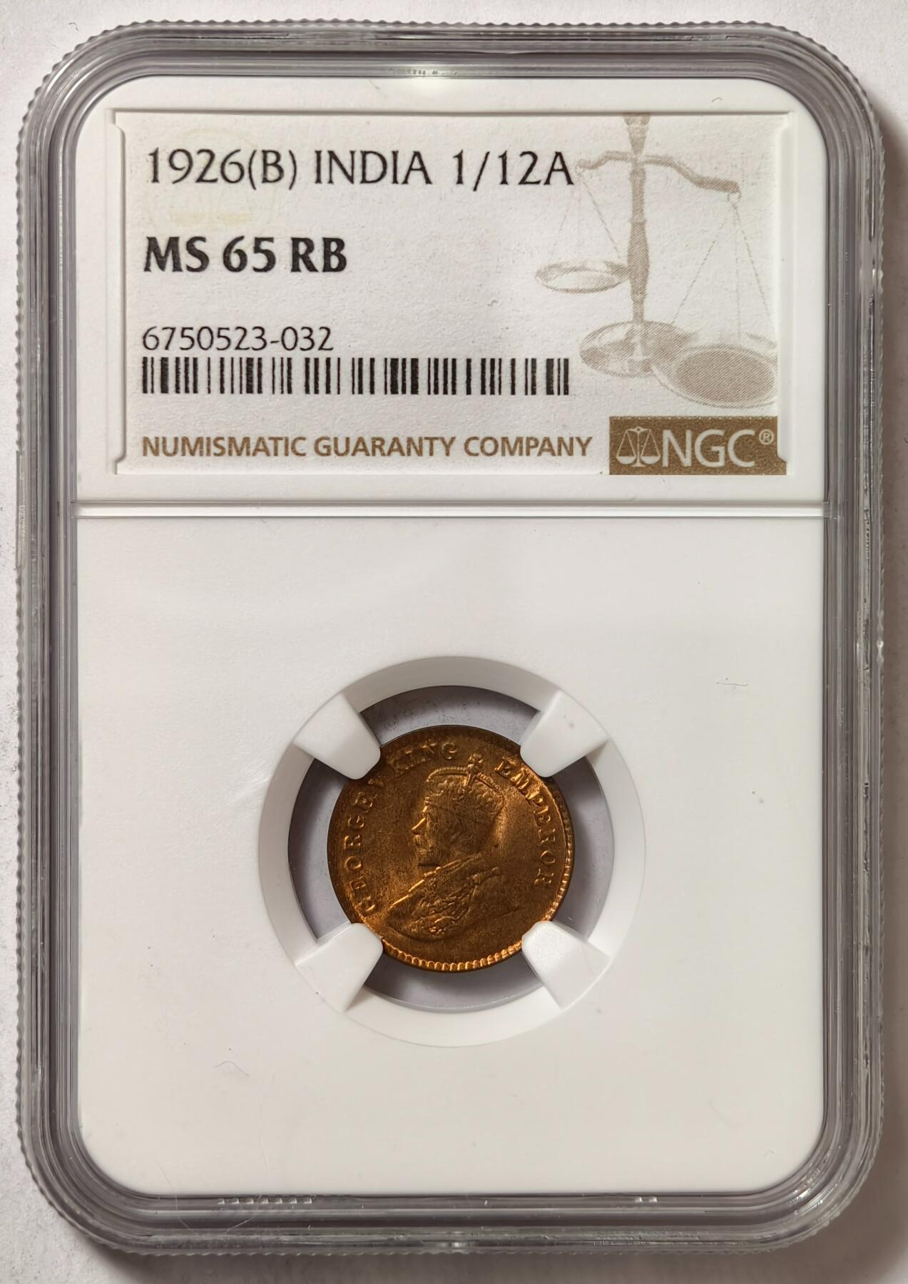 紫瑗钱币——第480期 英属印度 1926年 B版 乔治五世 1/12安娜 铜币 NGC MS65 RB