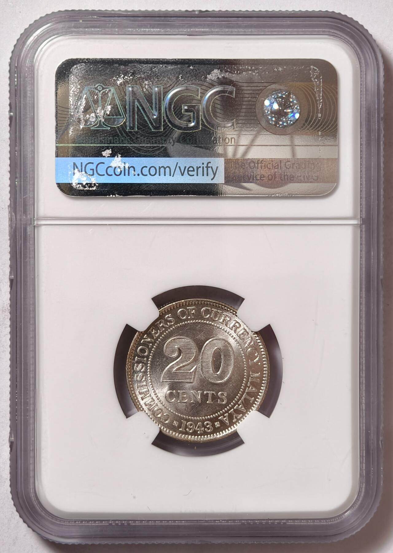紫瑗钱币——第480期 马来亚 1943年 乔治六世 20分 银币 NGC MS64