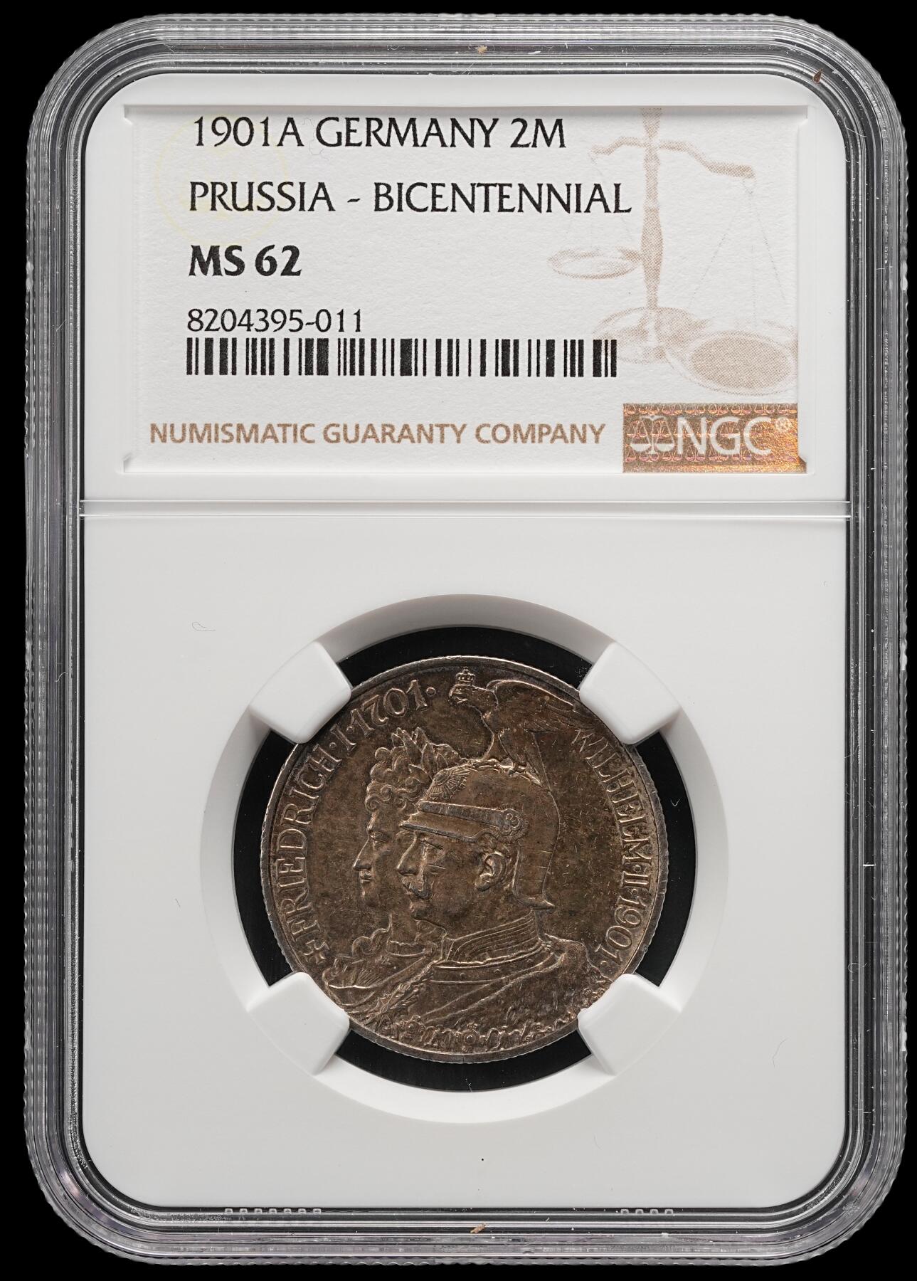 修遠堂世界钱币第五十一期 全场包邮 NGC MS62 1901年普鲁士建国200周年2马克银币