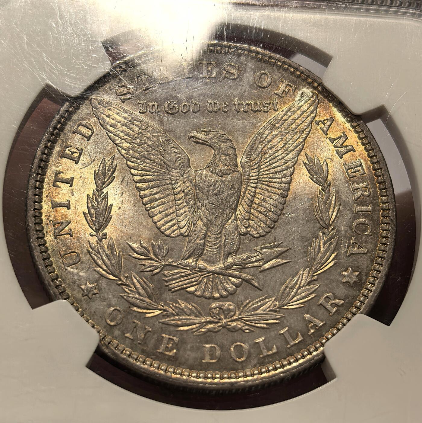 博洋堂世界钱币拍卖第104期（全场包邮） NGC MS64 美国1886年摩根$1银币 正面通体淡绿彩包浆 背面渐变金色包浆 银光流畅 美不言喻