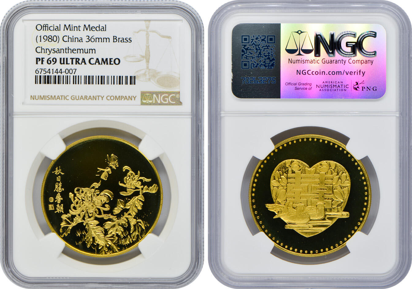 冠军2024年12月上海拍卖 1980年梅兰竹菊-福禄寿喜36mm黄铜章，上海造币厂精制：
（1）梅-福，NGC PF 69 CAMEO
（2）兰-禄，NGC PF 69 CAMEO
（3）竹-寿，NGC PF 69 ULTRA CAMEO
（4）菊-喜，NGC PF 69 ULTRA CAMEO
共4枚，附木质包装盒及证书，BWS收藏