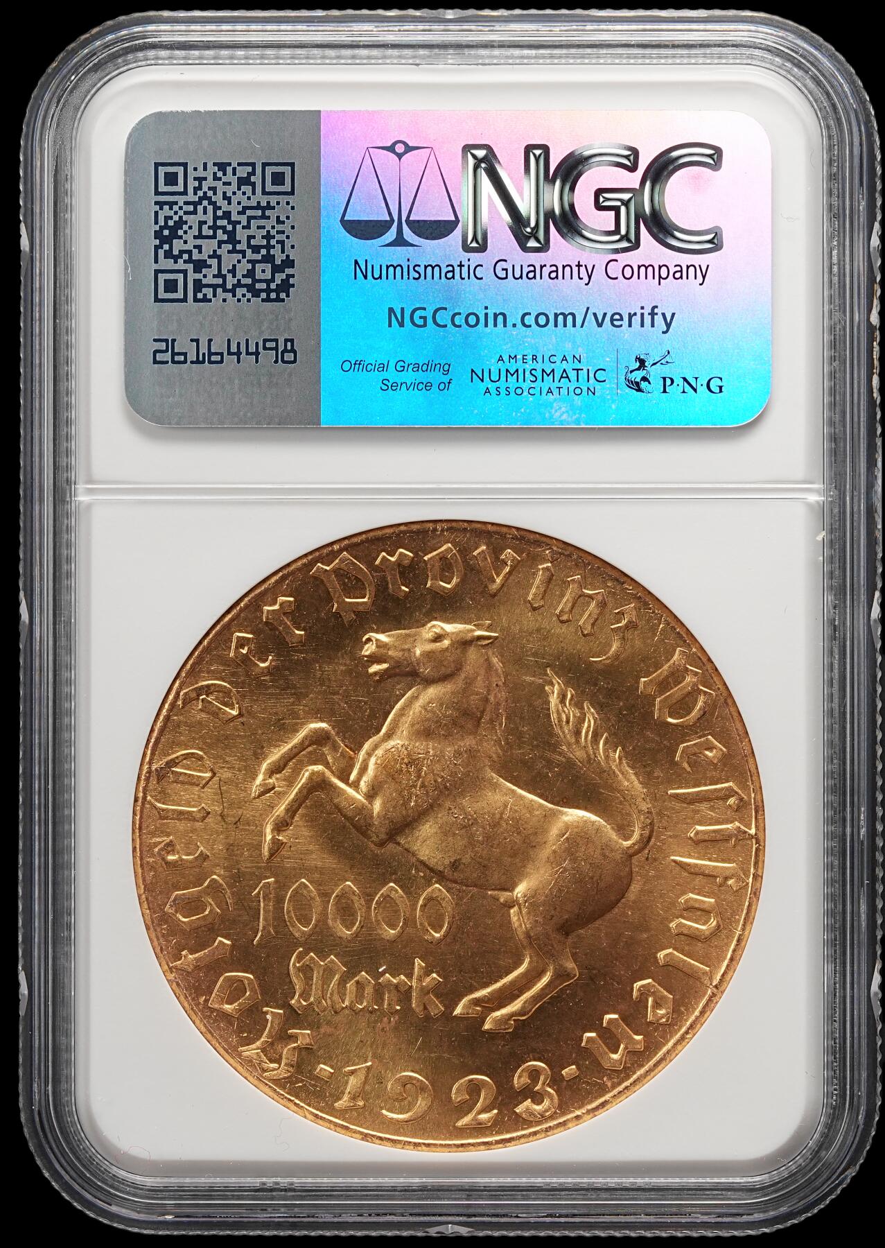 修遠堂世界钱币第五十一期 全场包邮 NGC MS65 1923年德国紧急时期威斯特法伦10000马克鎏金大马币