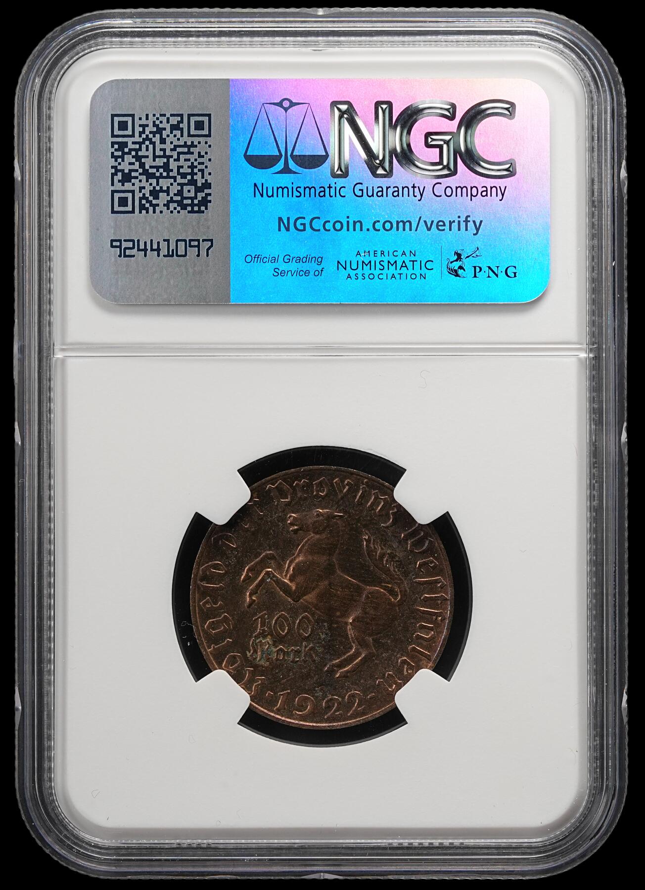 修遠堂世界钱币第五十一期 全场包邮 NGC MS63RB 1922年德国紧急时期威斯特法伦100马克马币