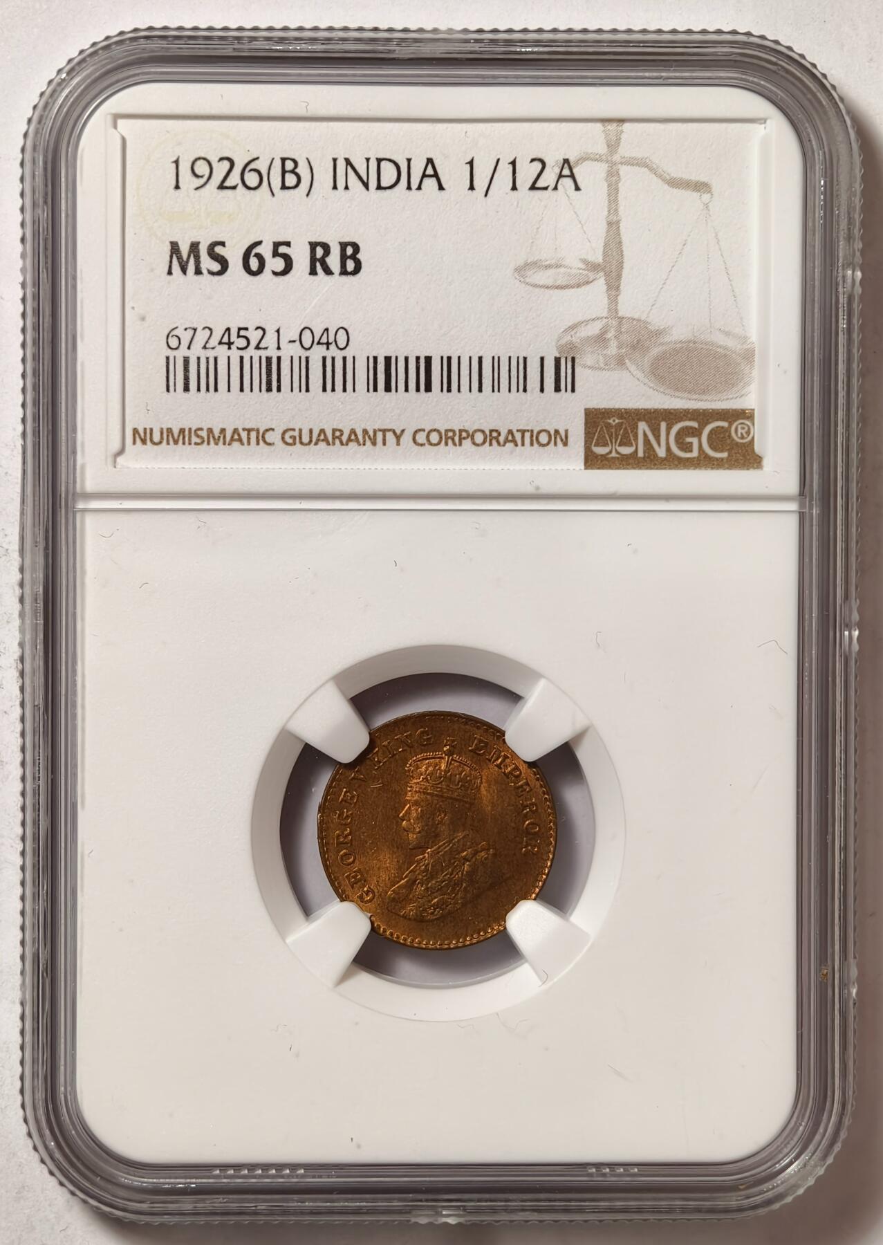 紫瑗钱币——第478期 英属印度 1926年 B版 乔治五世 1/12安娜 铜币 NGC MS65 RB