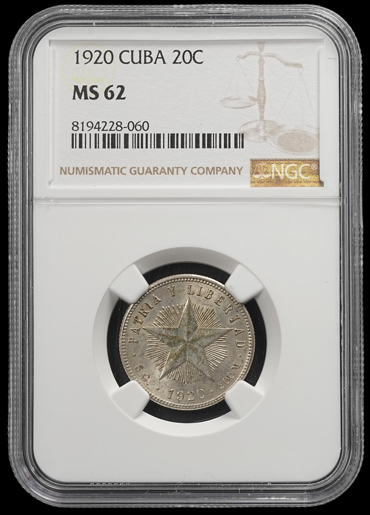 修遠堂世界钱币第五十一期 全场包邮 NGC MS62 1920年古巴20分银币