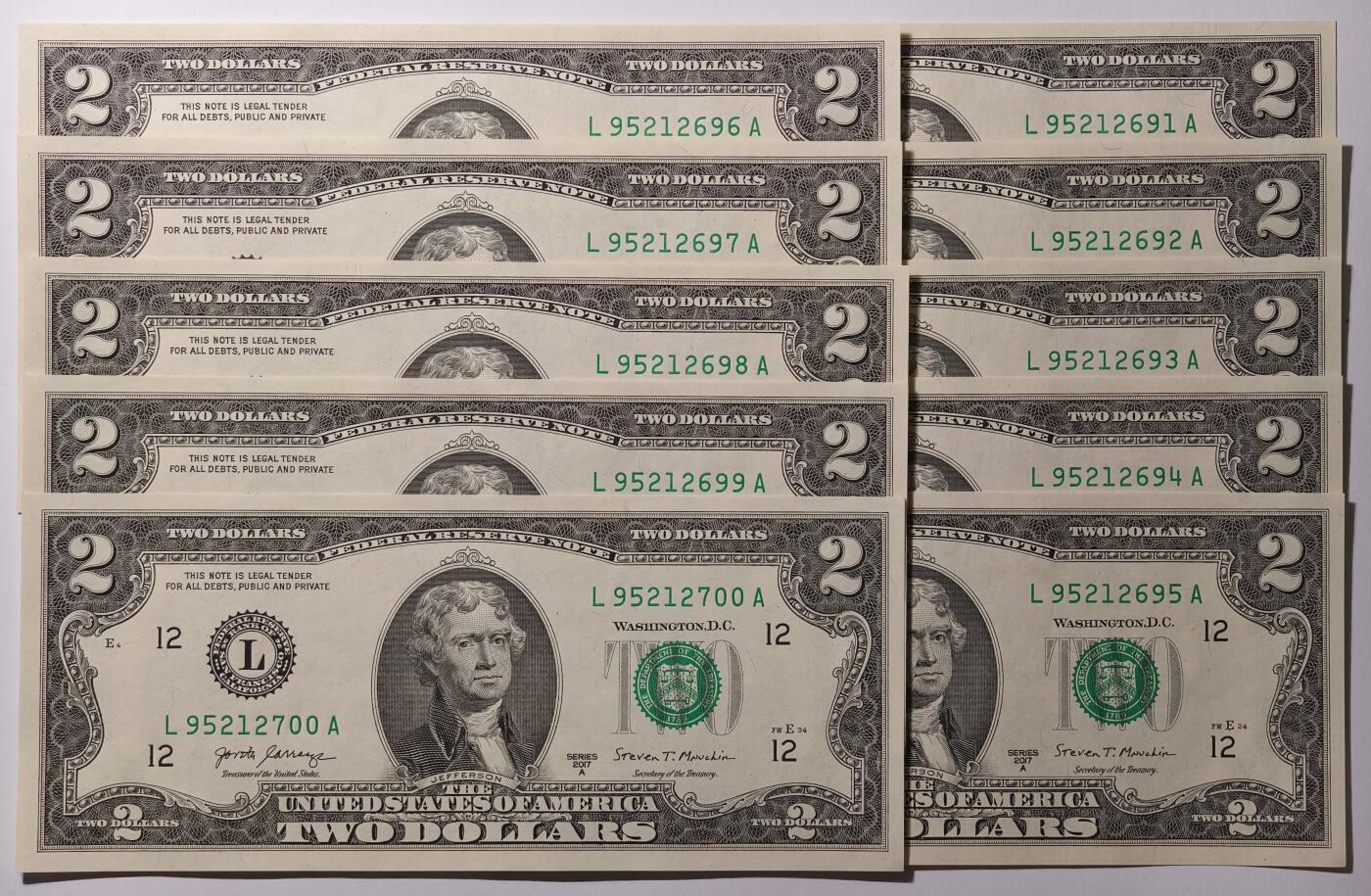 紫瑗钱币——第475期——纸币场 【标十91-00】美国 托马斯.杰斐逊 2美元 UNC 10张一组 刀拆货