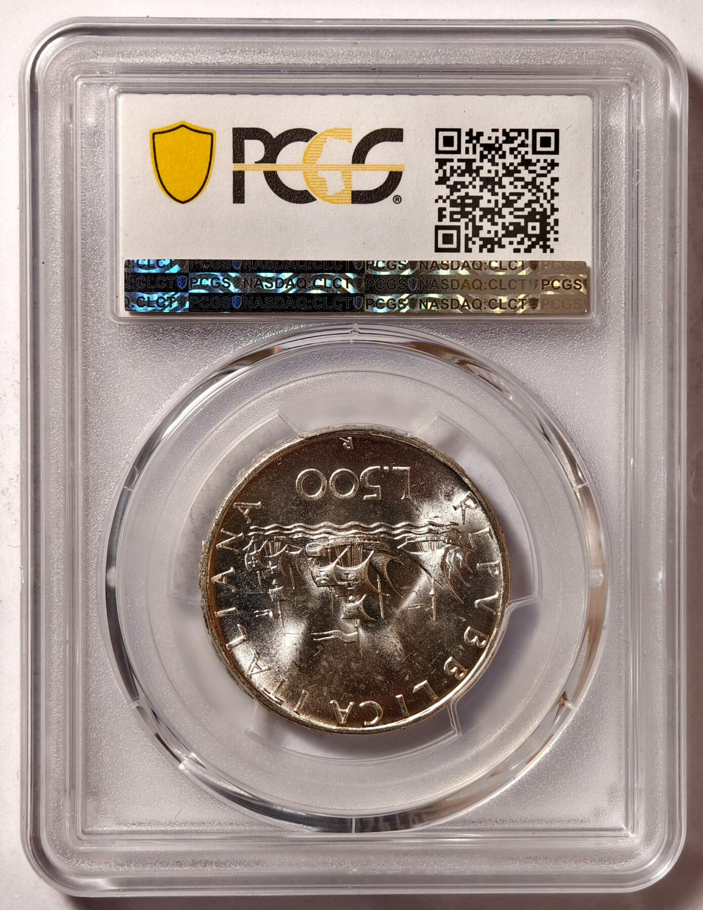 紫瑗钱币——第478期 意大利 1966年 R版 少女与帆船 500里拉 银币 PCGS MS65