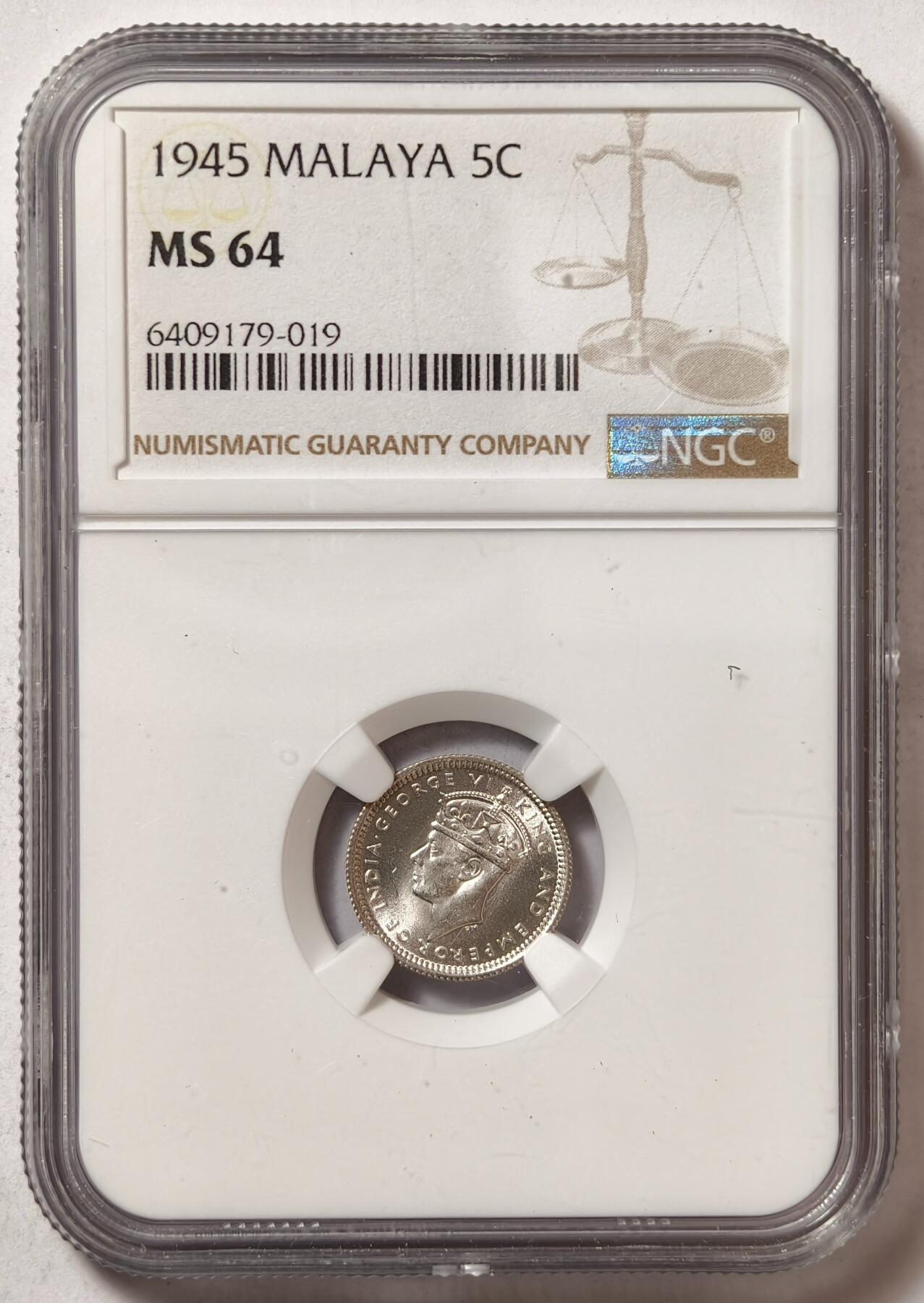 紫瑗钱币——第480期 马来亚 1945年 乔治六世 5分 银币 NGC MS64