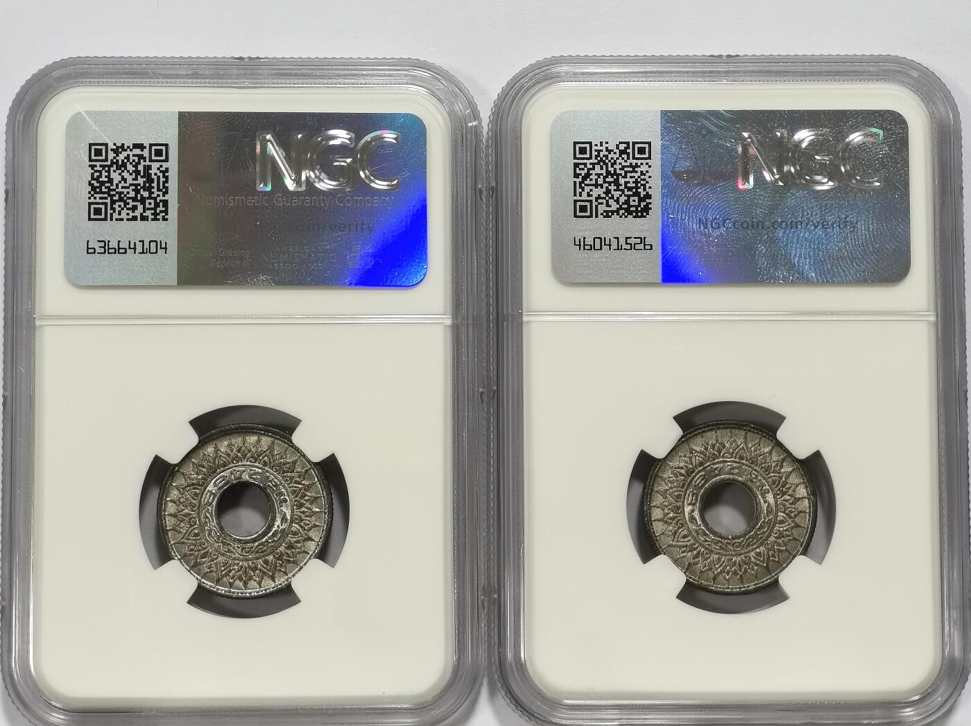 博洋堂世界钱币拍卖第104期（全场包邮） NGC MS65 泰国1945年20萨当锌币2枚一对，完全未氧化极其难得