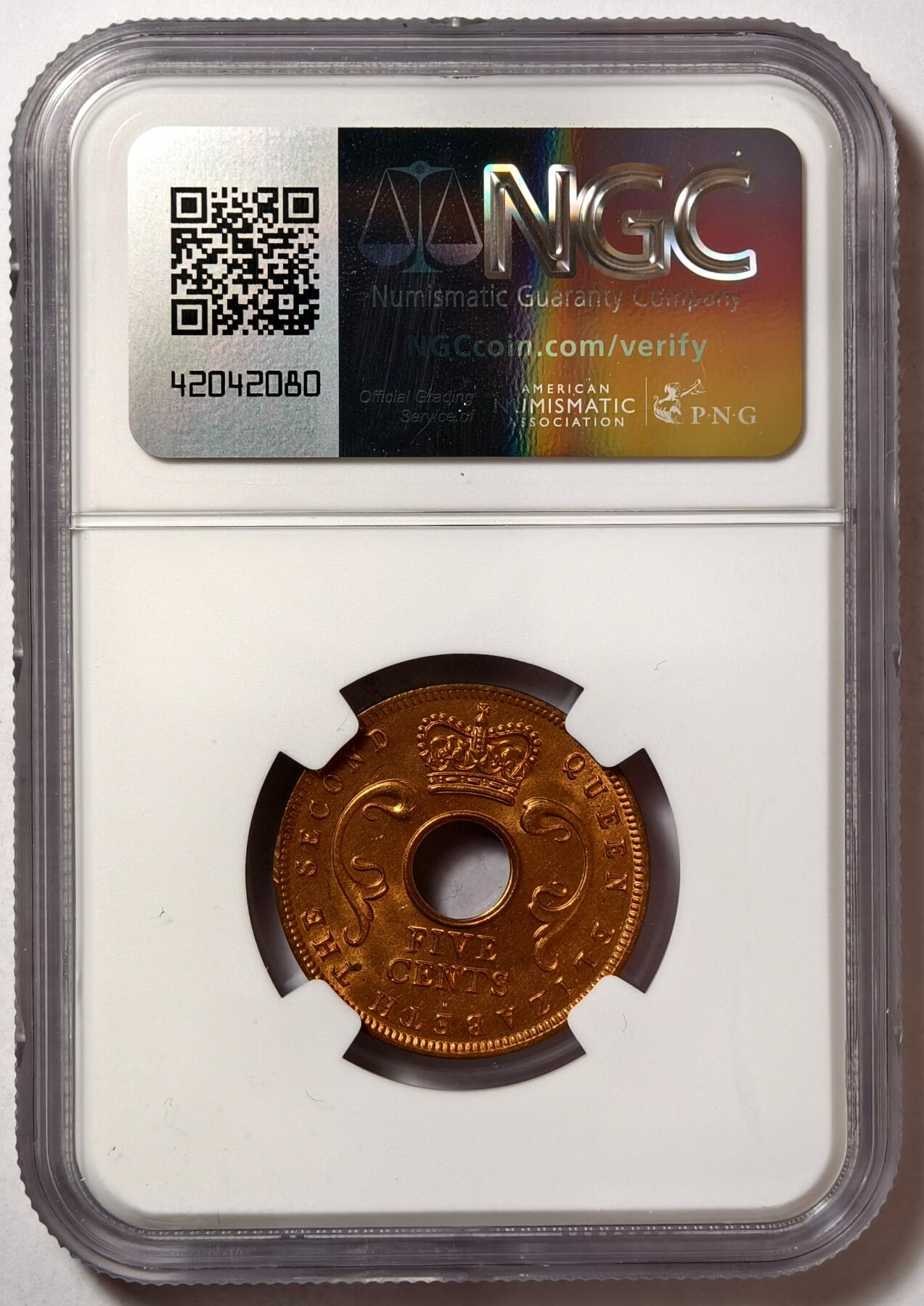 紫瑗钱币——第480期 英属东非 1956年 H版 伊丽莎白二世 5分 红铜币 NGC MS65 RB