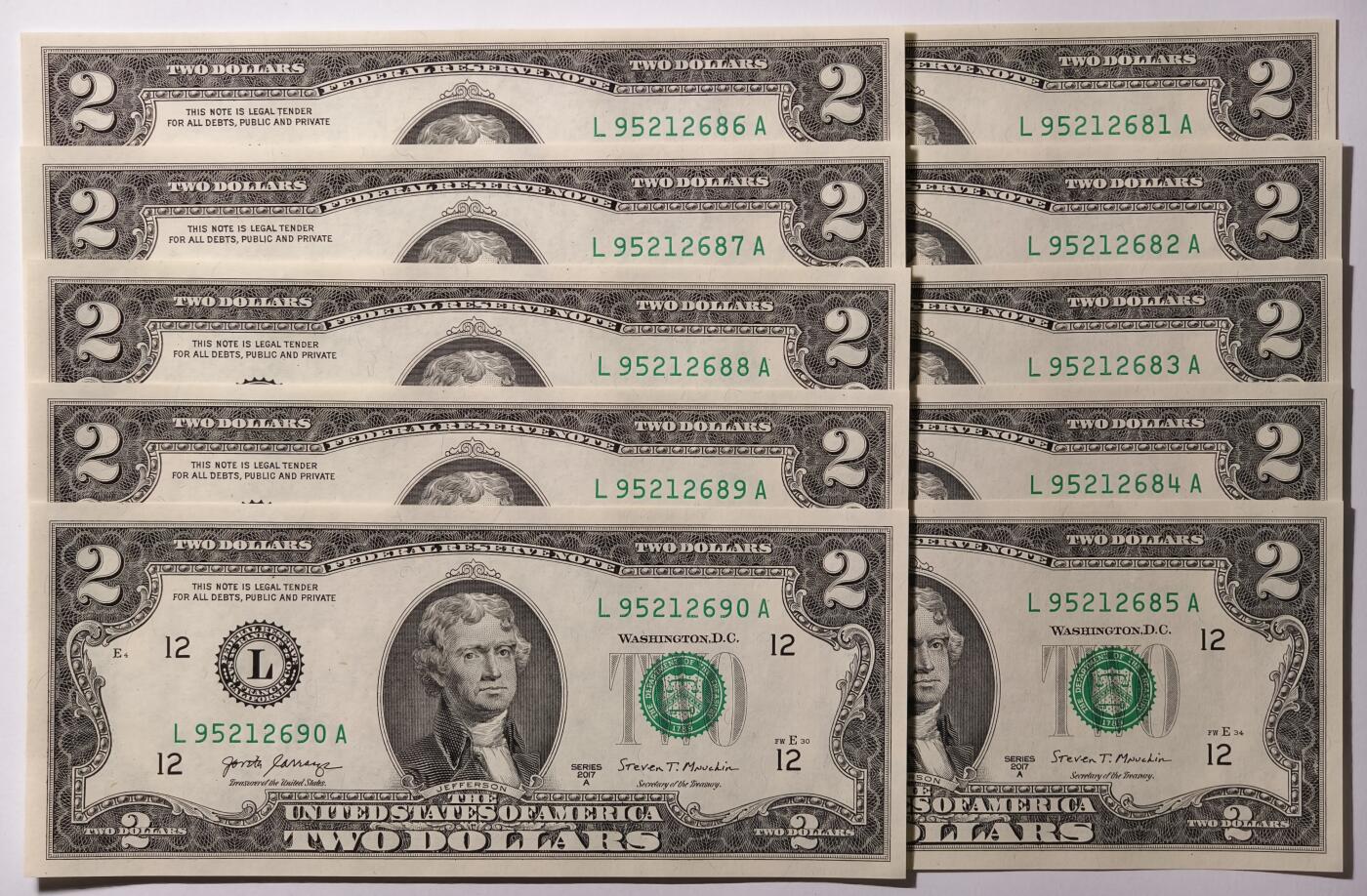 紫瑗钱币——第473期——纸币场 【标十81-90】美国  托马斯.杰斐逊 2美元 UNC 10张一组 刀拆货