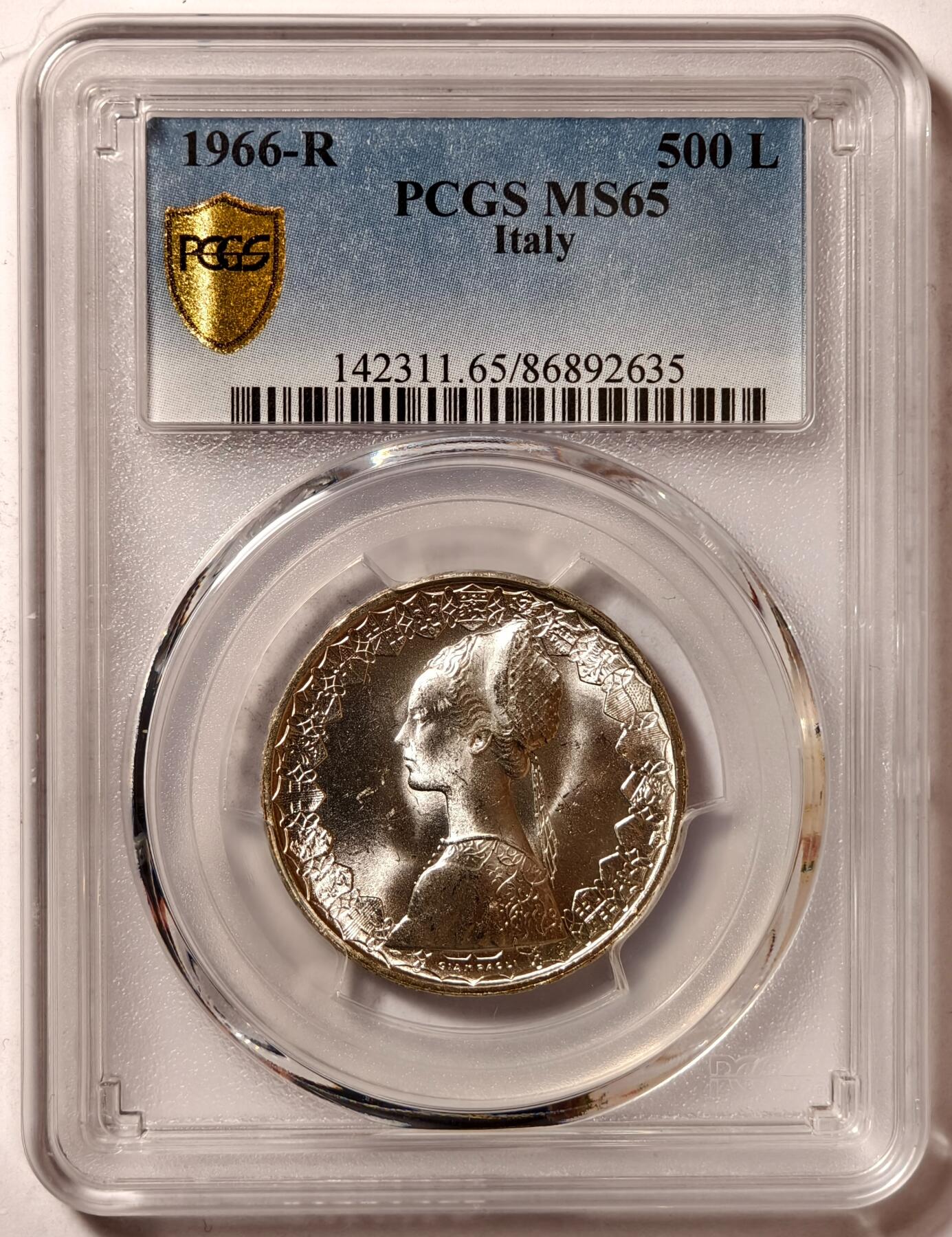紫瑗钱币——第478期 意大利 1966年 R版 少女与帆船 500里拉 银币 PCGS MS65
