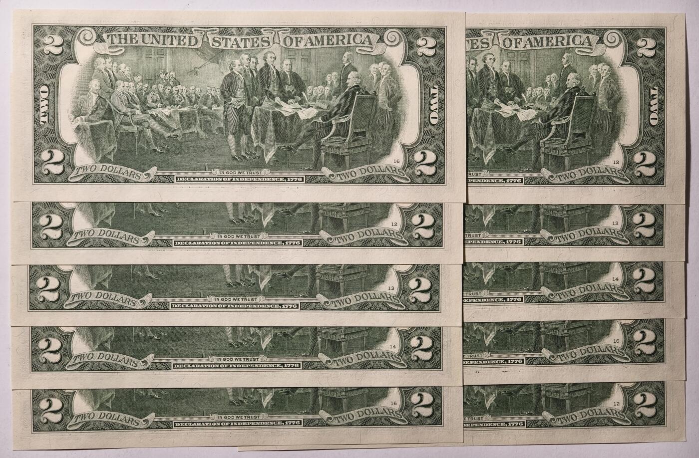 紫瑗钱币——第473期——纸币场 【标十81-90】美国  托马斯.杰斐逊 2美元 UNC 10张一组 刀拆货