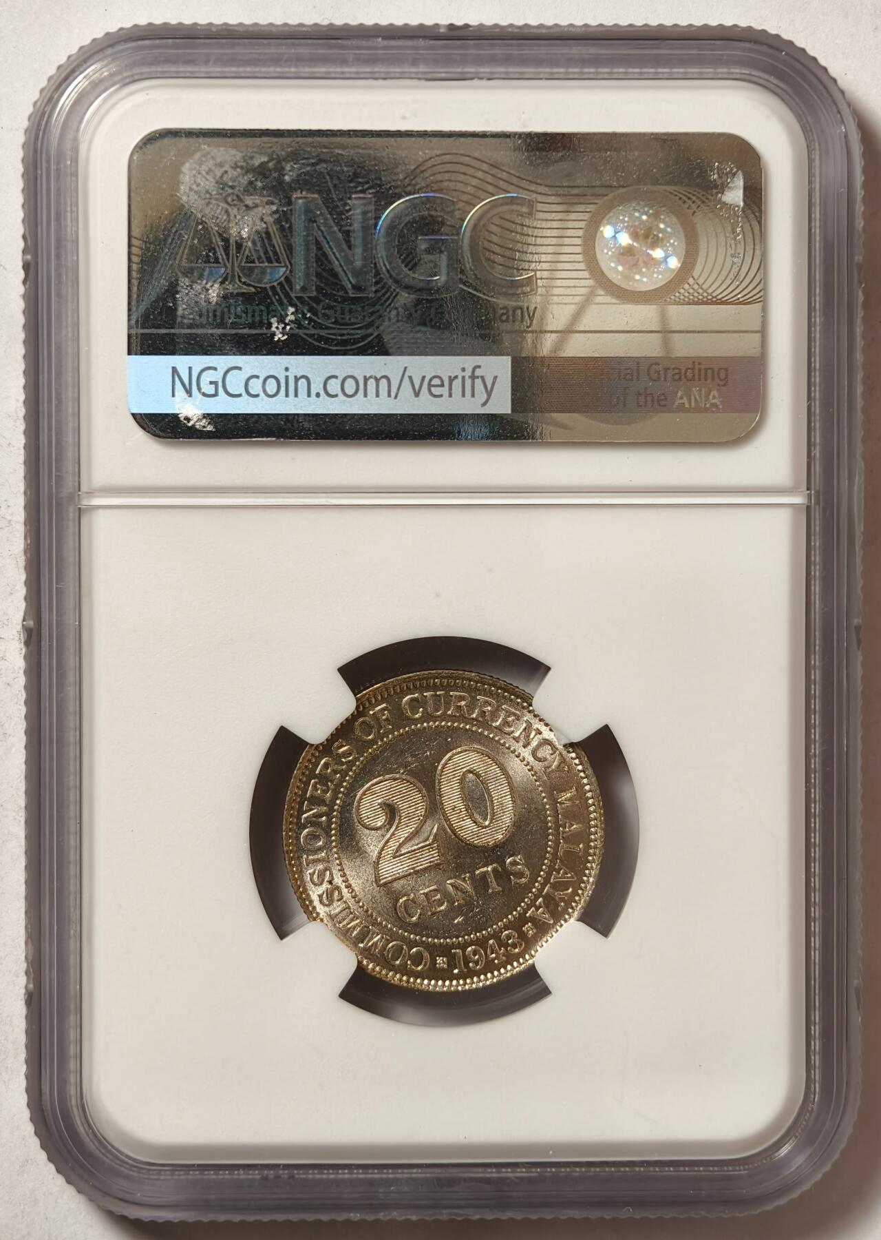 紫瑗钱币——第478期 马来亚 1943年 乔治六世 20分 银币 NGC MS63