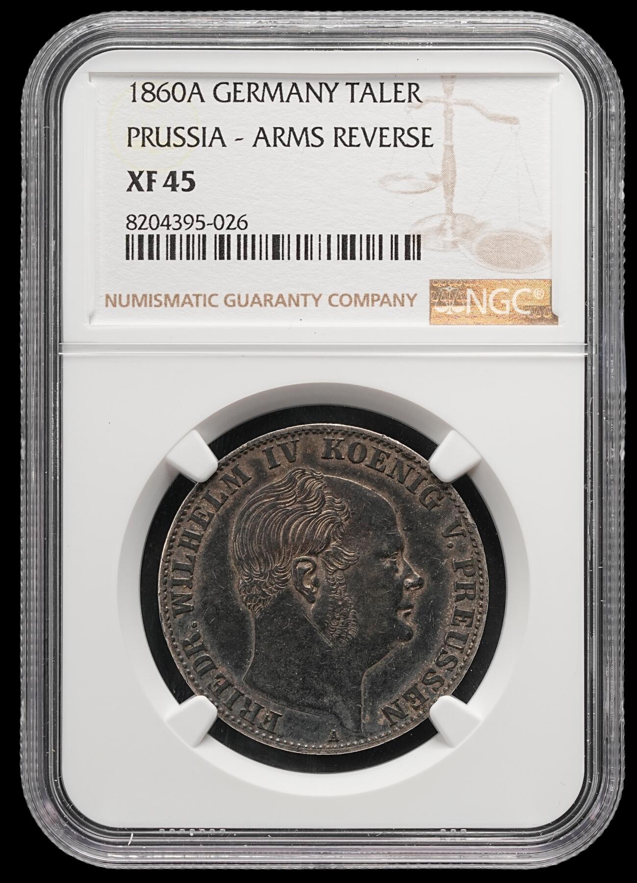 修遠堂世界钱币第五十一期 全场包邮 NGC XF45 1860年普鲁士1泰勒银币 原味重包浆