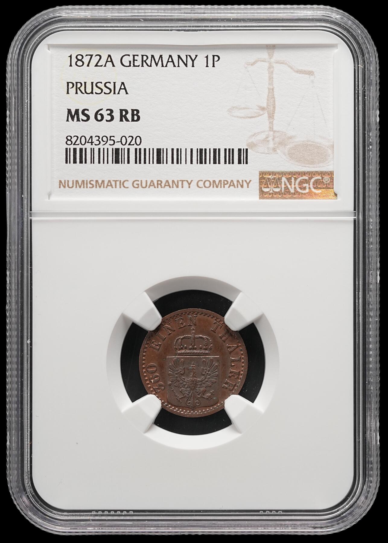 修遠堂世界钱币第五十一期 全场包邮 NGC MS63RB 1872年普鲁士1芬尼铜币
