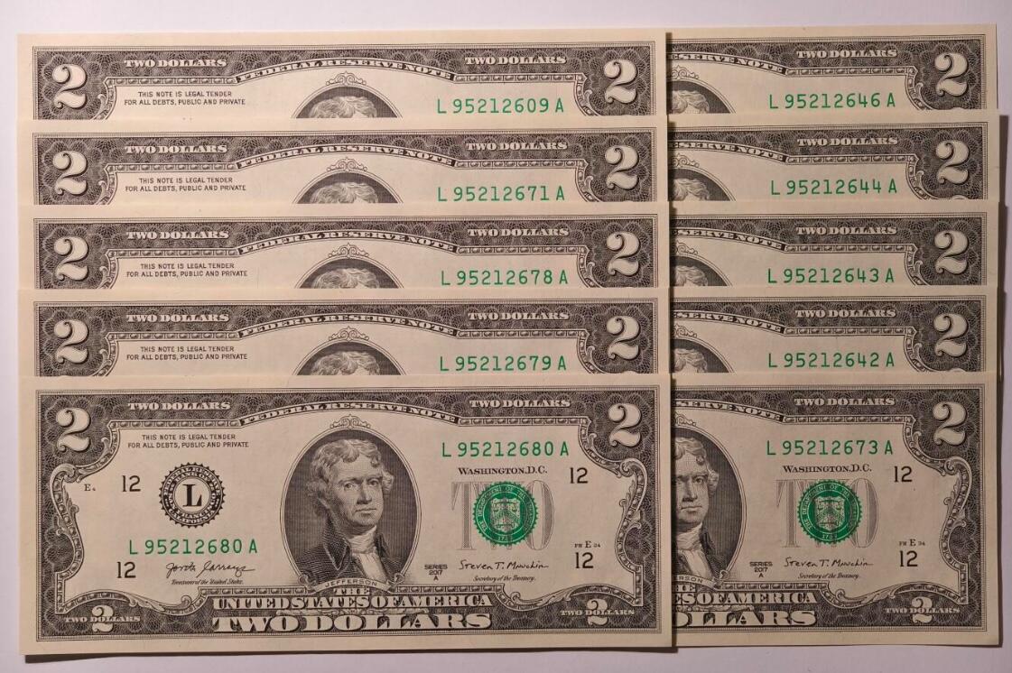 紫瑗钱币——第479期——纸币场 【双尾4】美国 托马斯.杰斐逊 2美元 UNC 10张一组 刀拆货