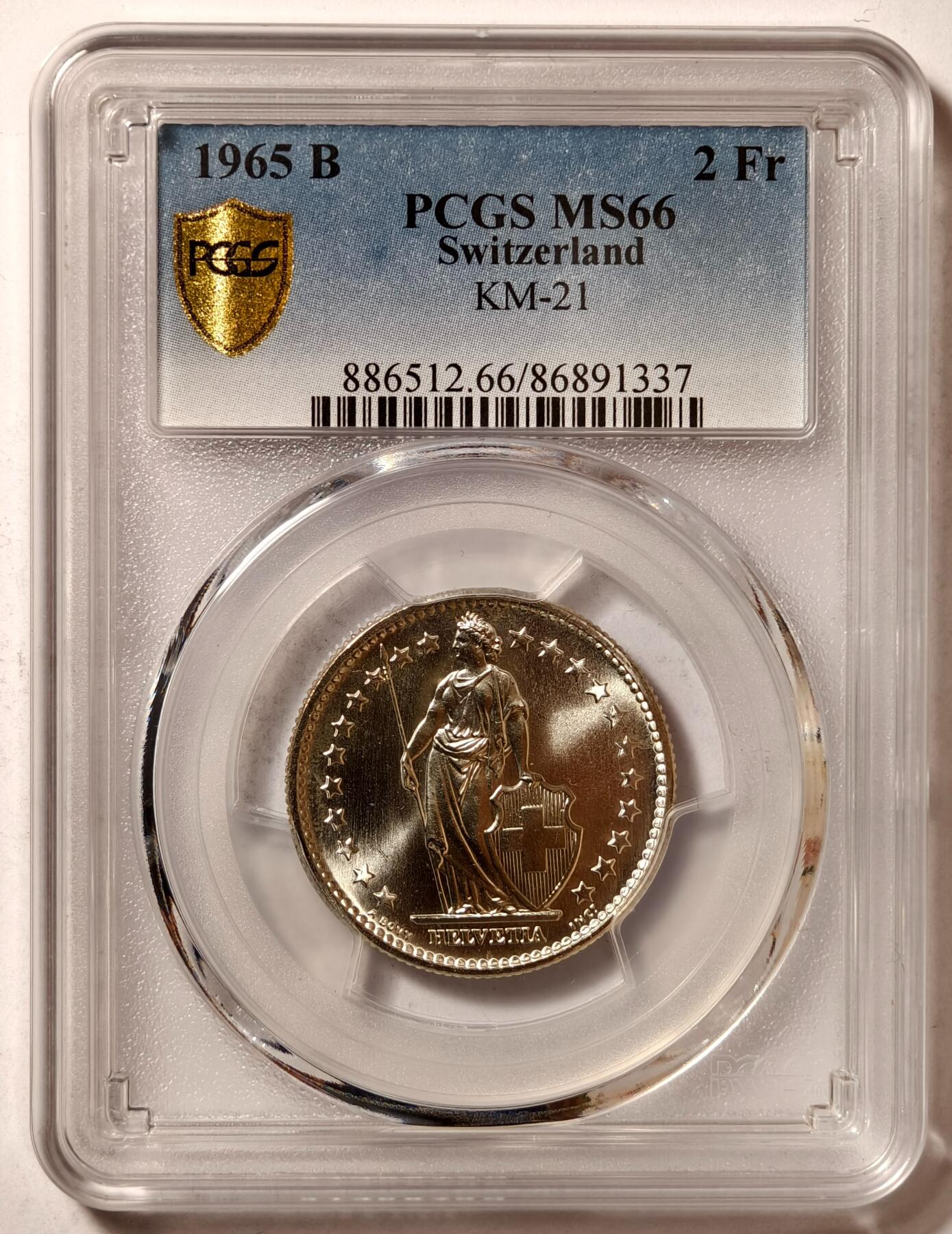 紫瑗钱币——第478期 瑞士 1965年 B版 赫尔维蒂亚 2法郎 银币 PCGS MS66